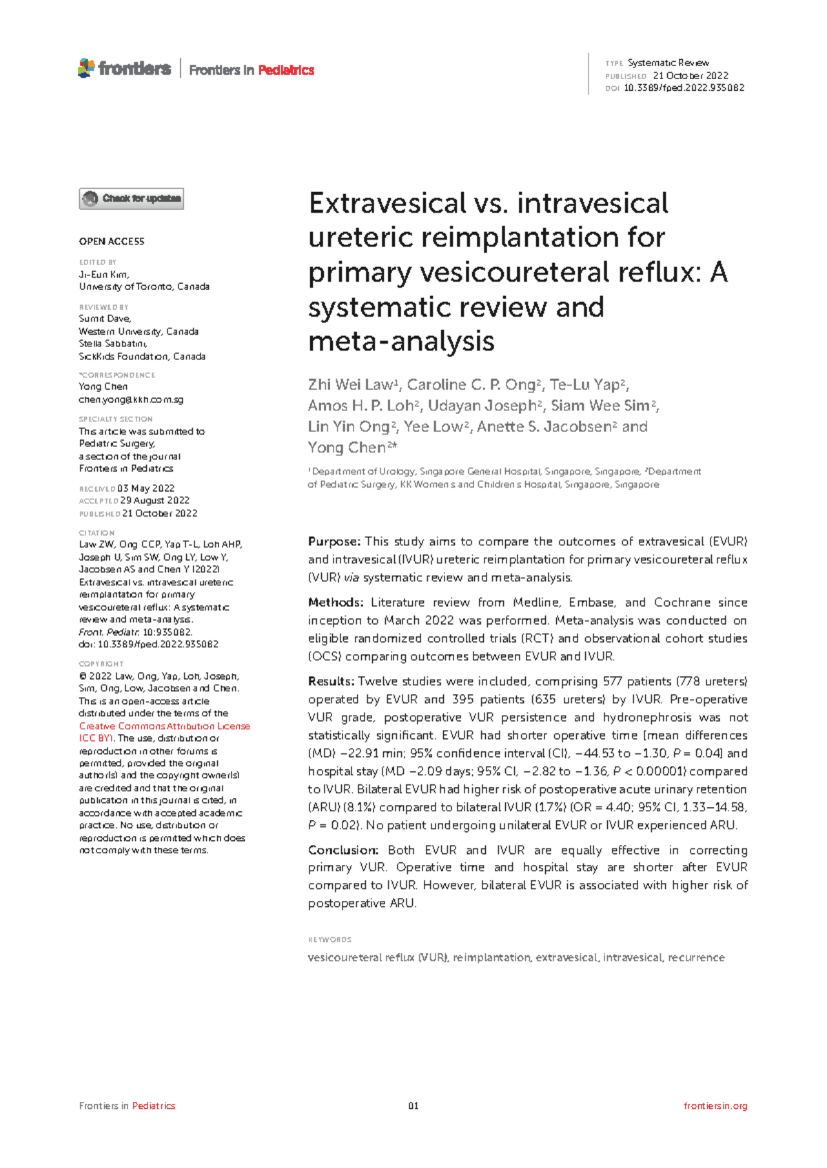 Extravesical vs. intravesical ureteric reimplantation for primary VUR ...
