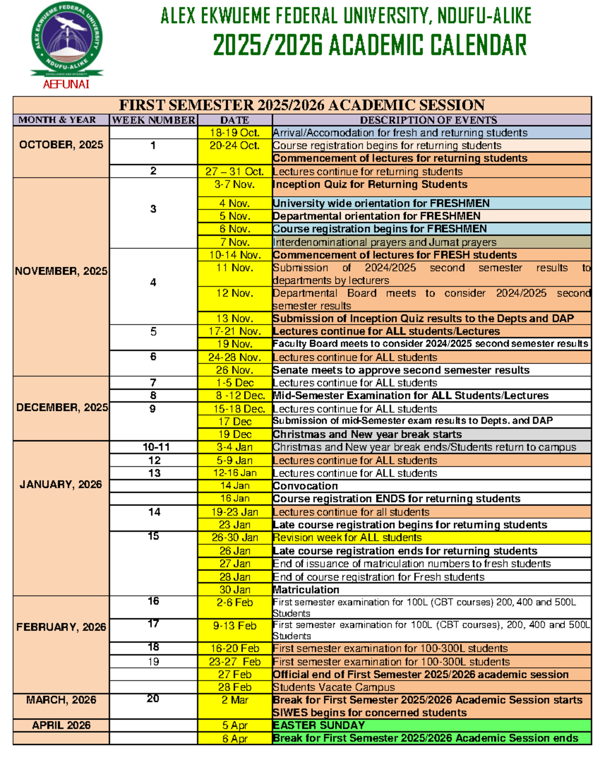 AEFUNAI 2025/2026 First Semester Academic Calendar - Studocu