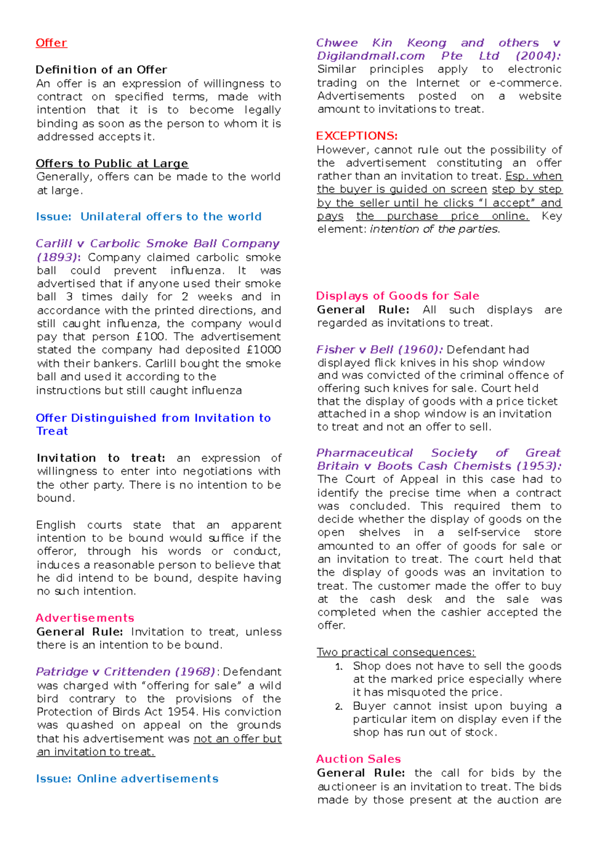 BLAW 101: Comprehensive Notes on Offer and Acceptance Principles - Studocu