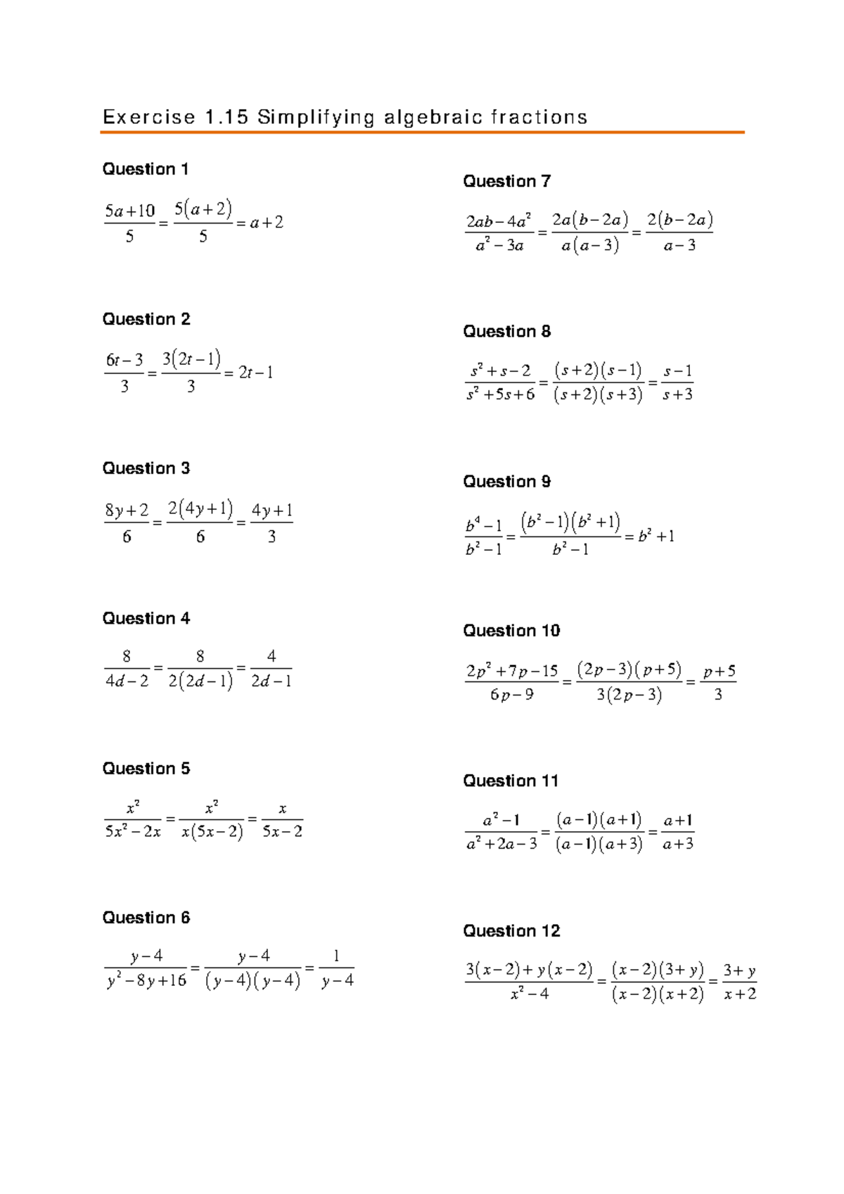 1-15 Worked Solutions - Exercise 1 Simplifying algebraic fractions ...