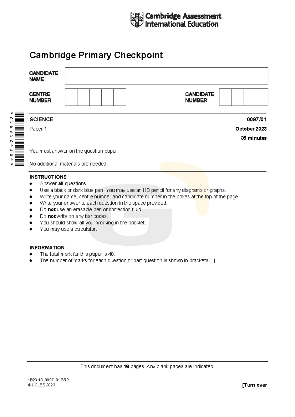 Cambridge Primary Checkpoint Science Paper 1 - October 2023 - Studocu
