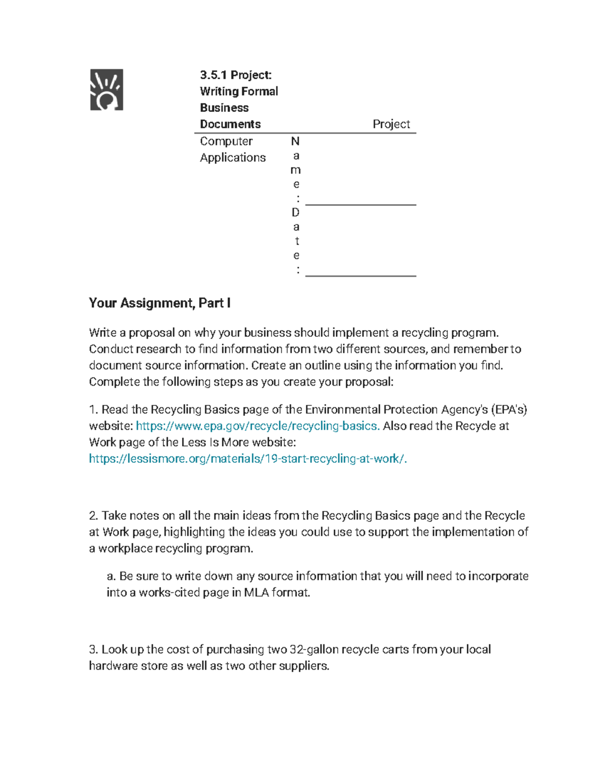 3.5.1 Project: Proposal for Implementing a Workplace Recycling Program ...