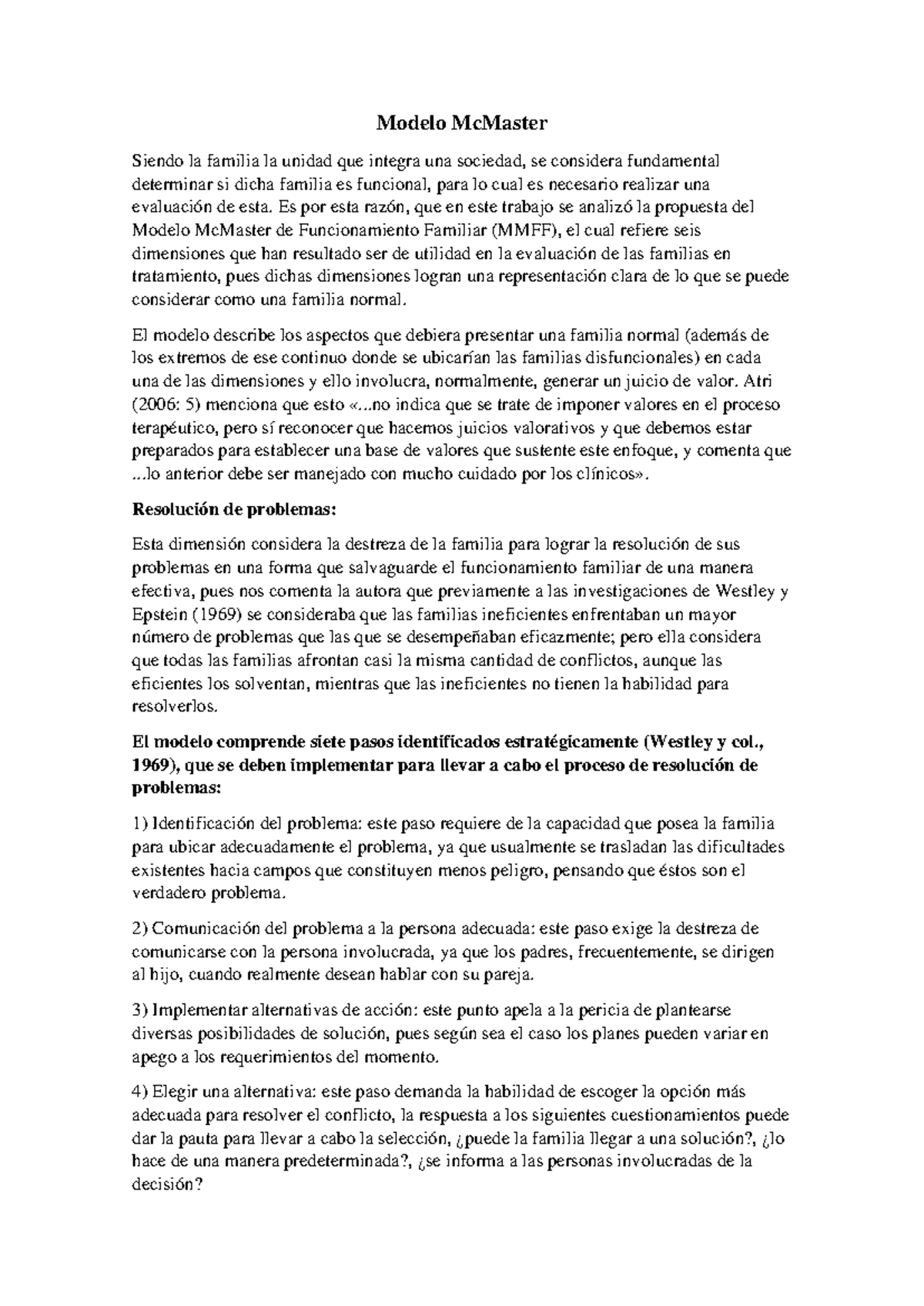 Modelo McMaster: Análisis y Evaluación Familiar en Psicología - Studocu