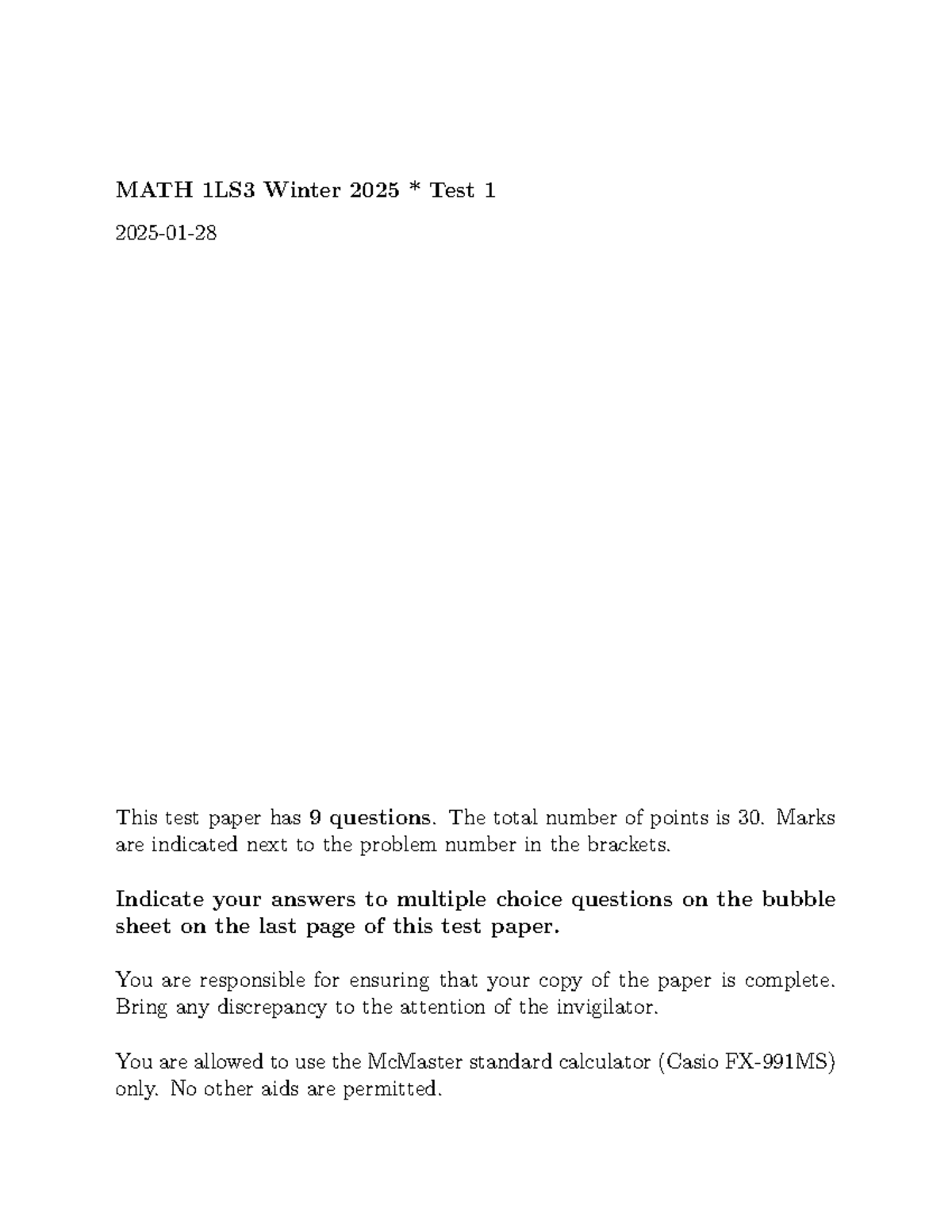 MATH 1LS3 Winter 2025 Test 1 Practice Questions and Solutions - Studocu
