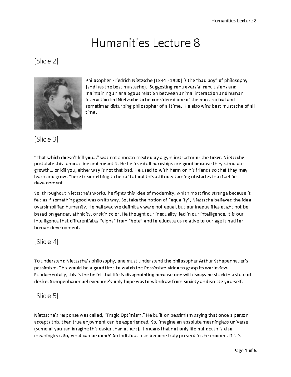 Humanities Lecture 8: Nietzsche's Philosophy Insights - Studocu