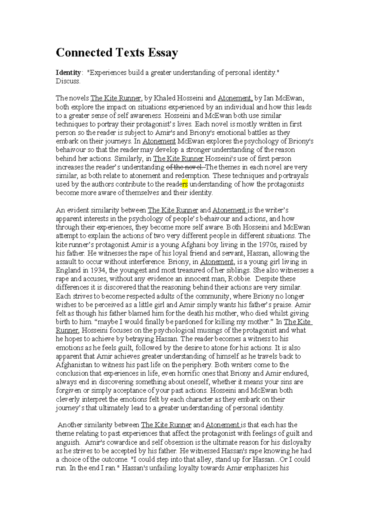 Connected Texts Essay: Identity in The Kite Runner & Atonement (ENG 101 ...