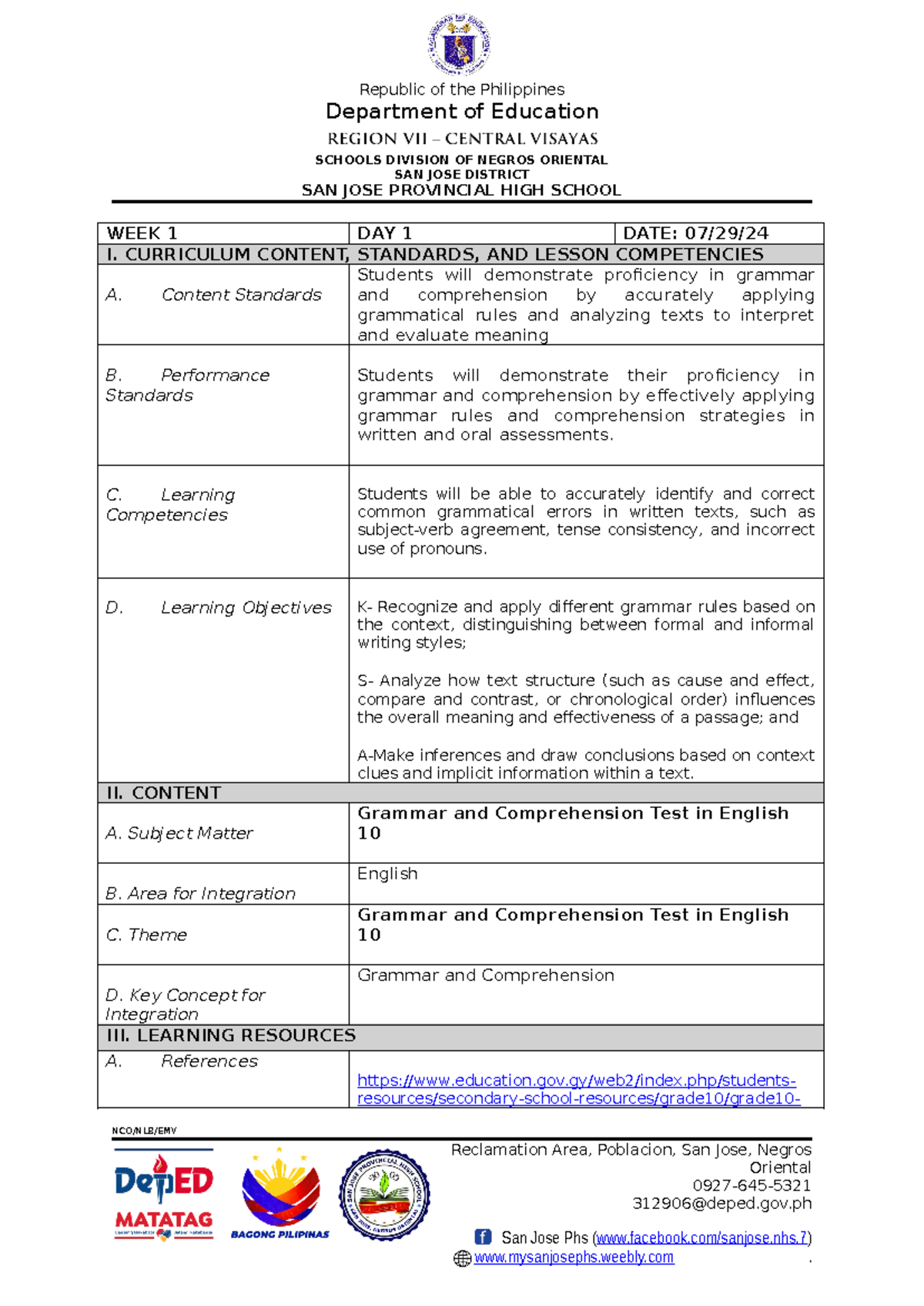 First Day Class Lesson Plan for English 10 SY 2024-2025 - Studocu