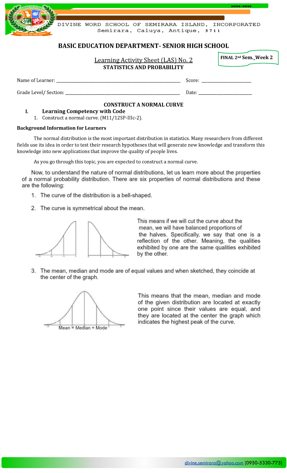 2ND Sem. - Final LAS 2 - Week 2: Constructing a Normal Curve in Stats ...