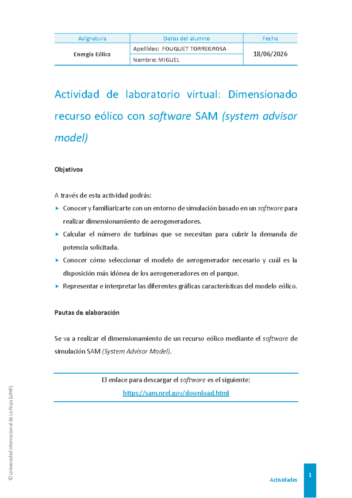 Dimensionado de Aerogeneradores con SAM - Energía Eólica UNIR - Studocu