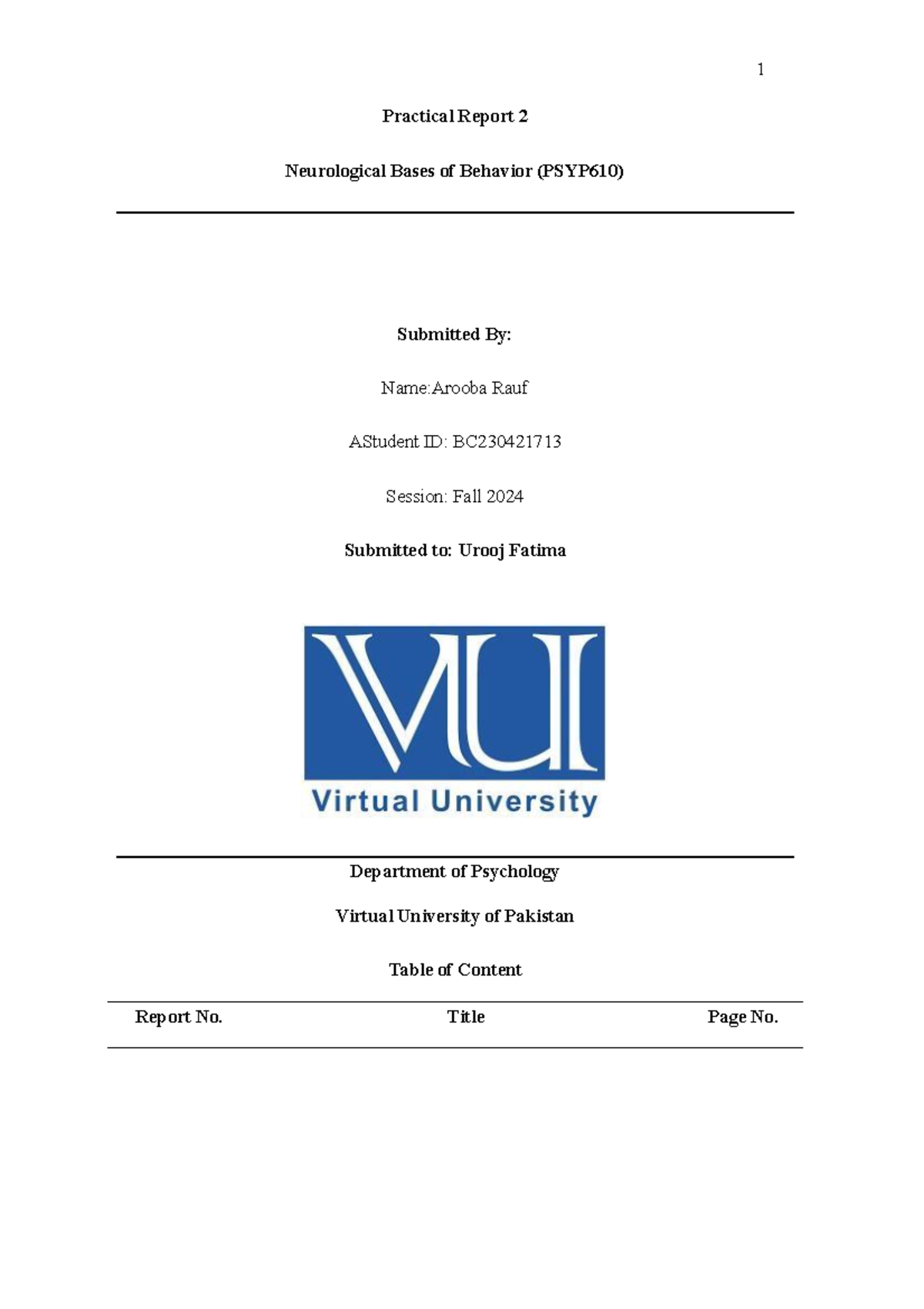 Practical 2 Report Format PSYP610 - Practical Report 2 Neurological ...