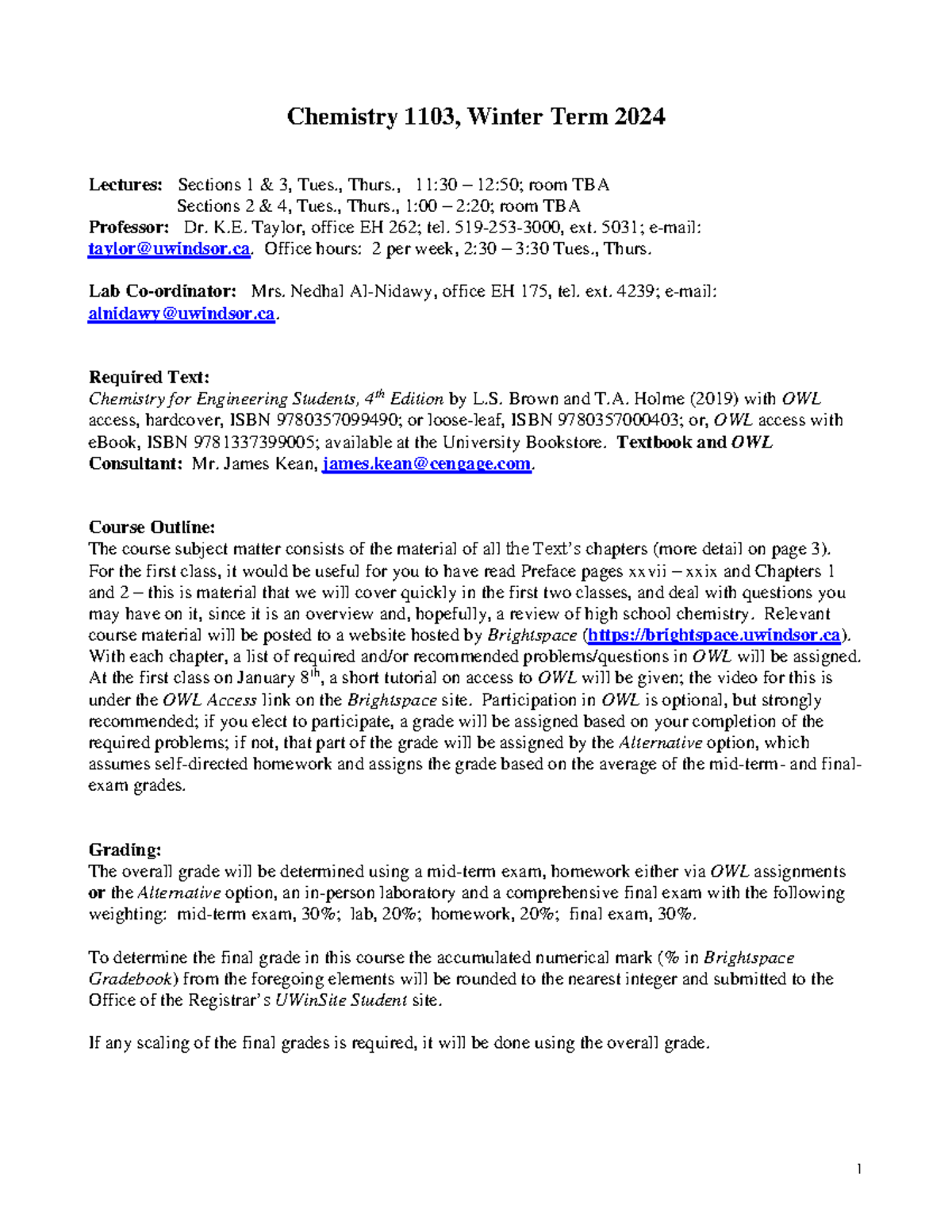 Chemistry 1103 Winter 2024: Course Overview and Important Dates - Studocu