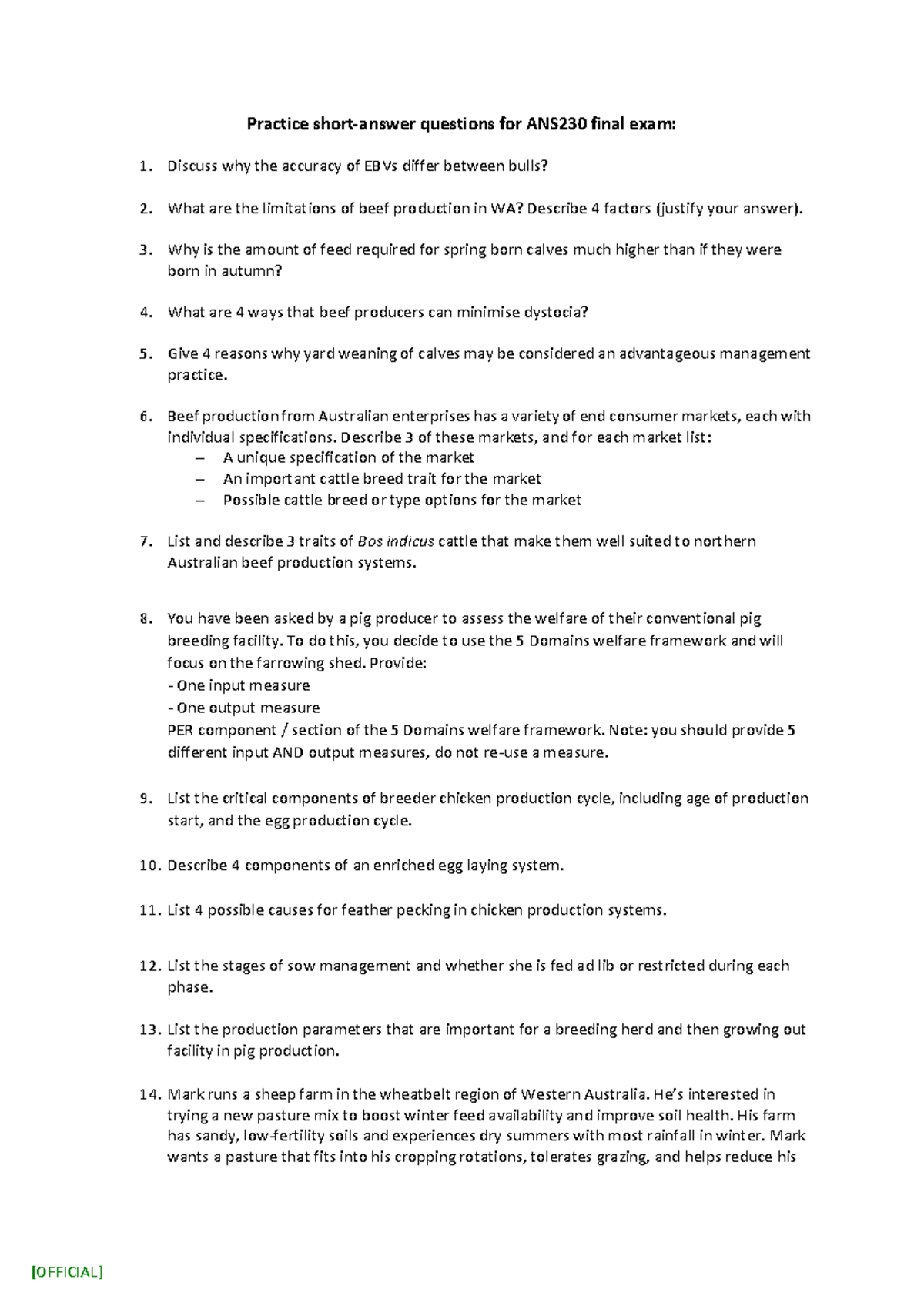 Practice Short Answer Questions for ANS230 Final Exam - Studocu