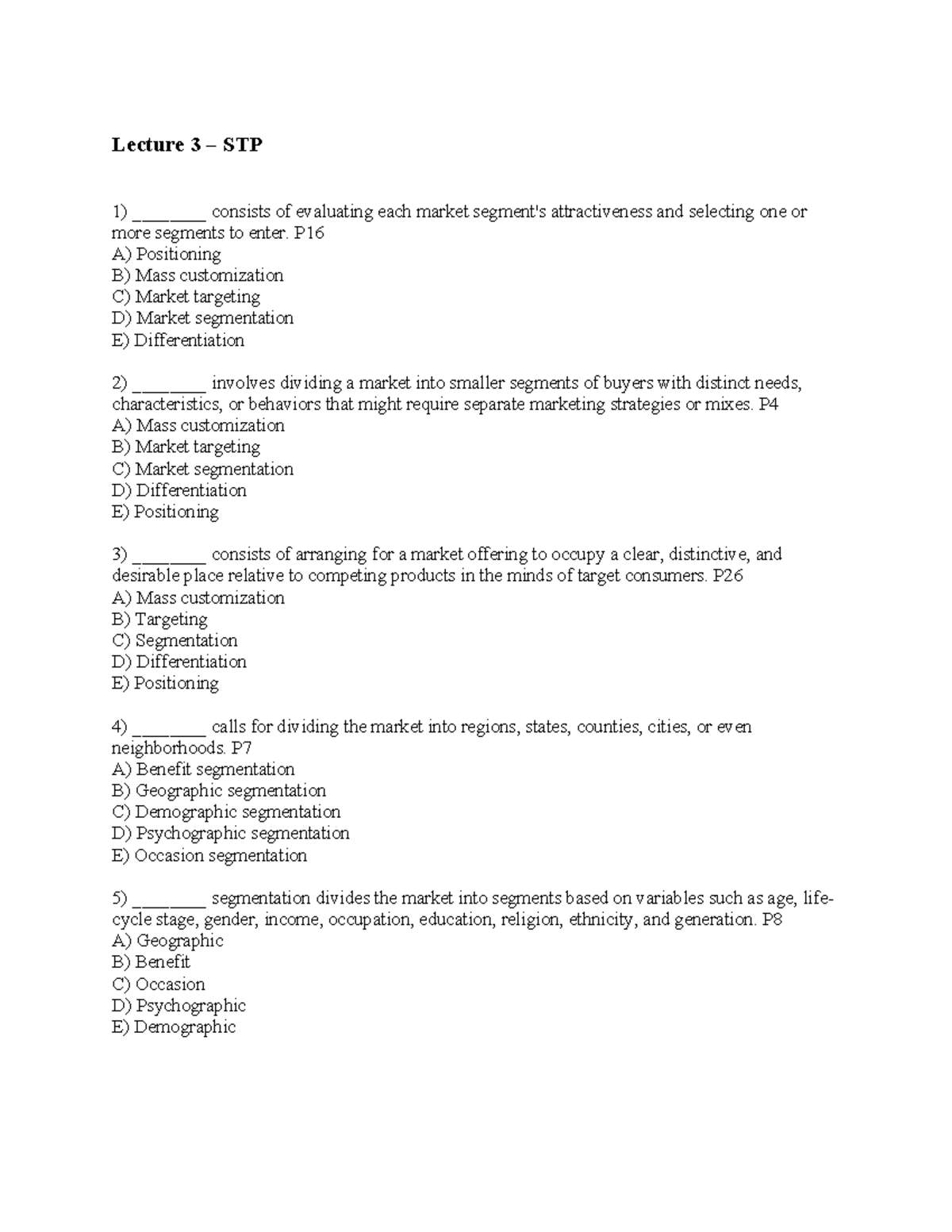 Lecture 3 STP Tutorial Questions - Marketing Strategies and ...