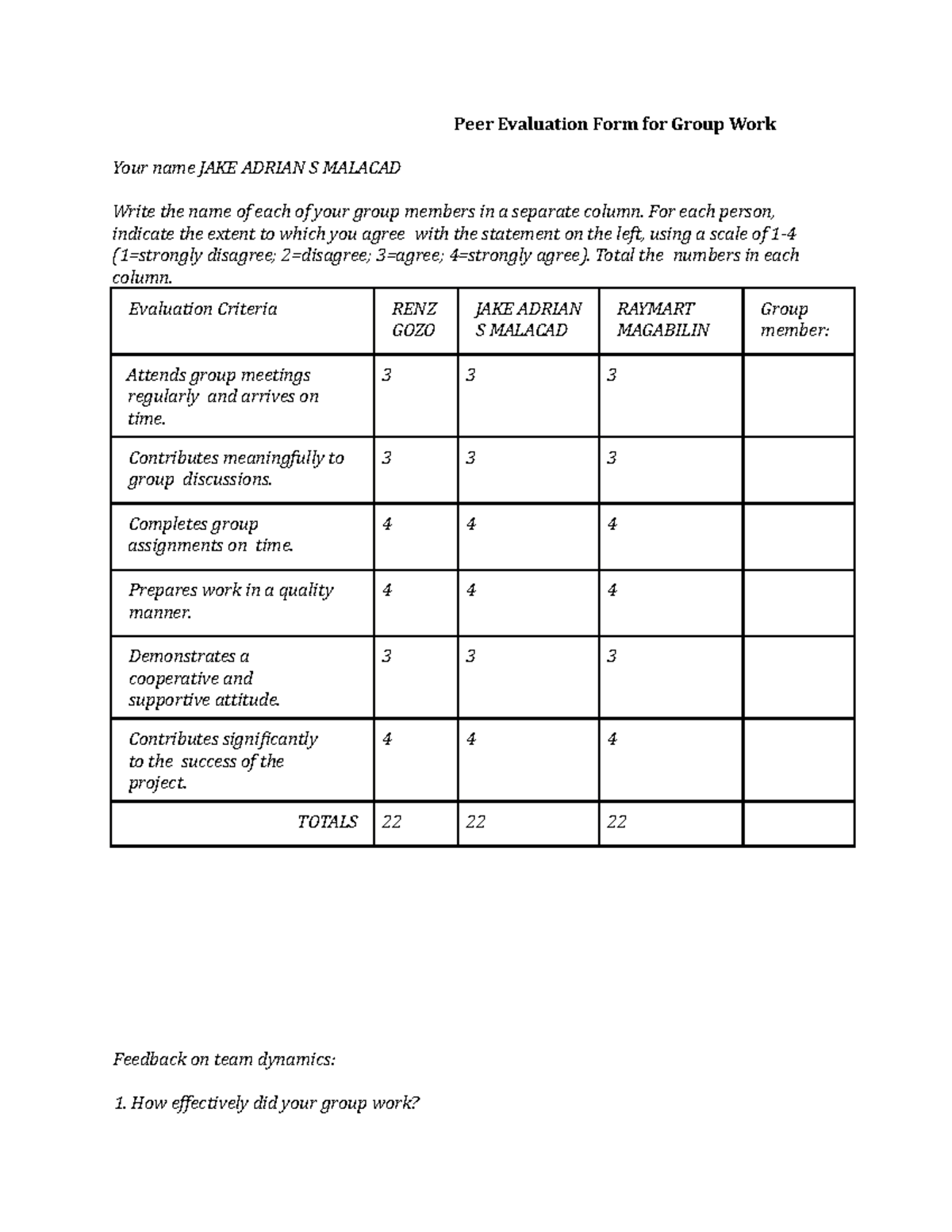 Peer Evaluation Form for Group Work Assessment - Studocu