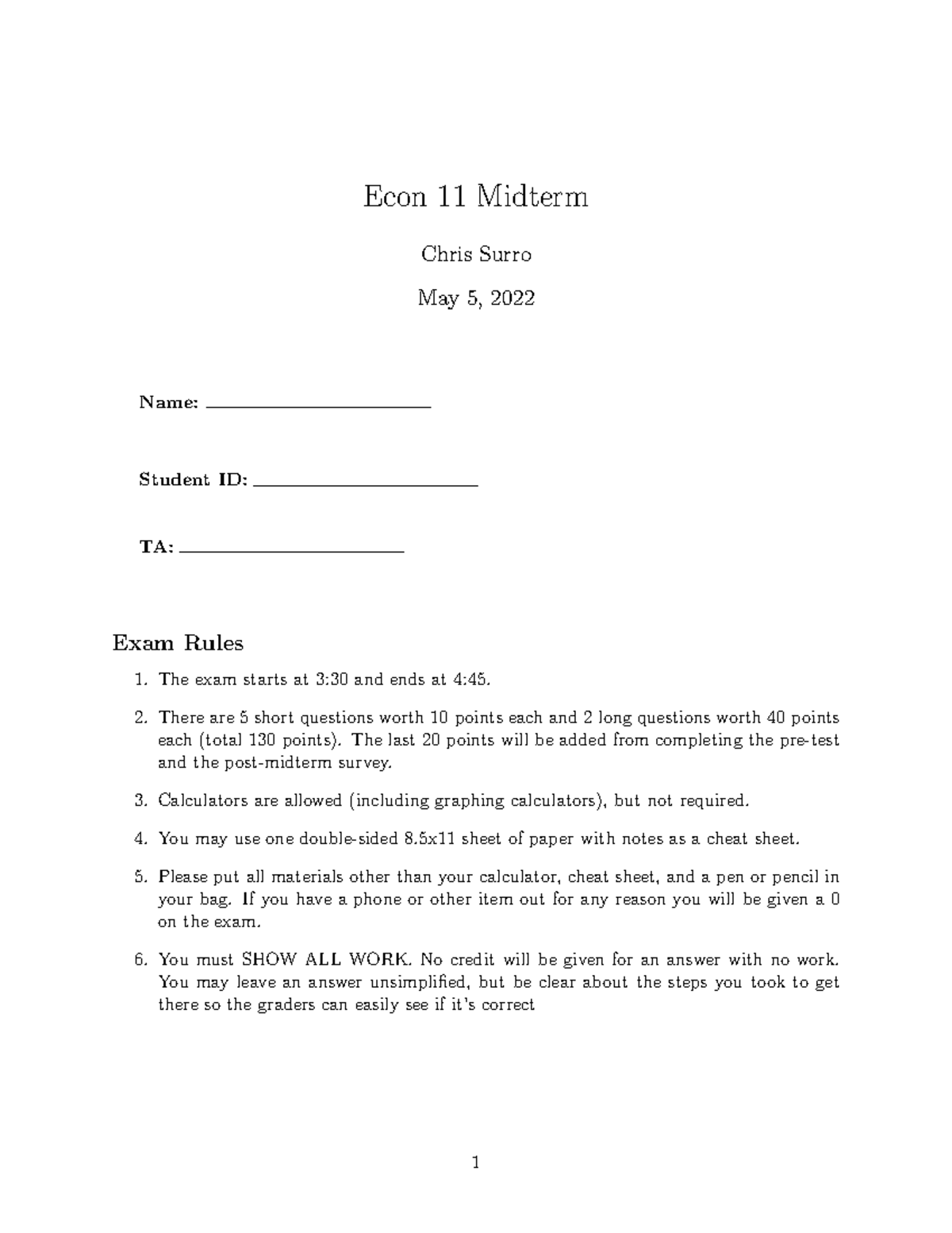 Econ 11 Midterm Exam Guide (Spring 2022) - Sample Questions and Rules ...