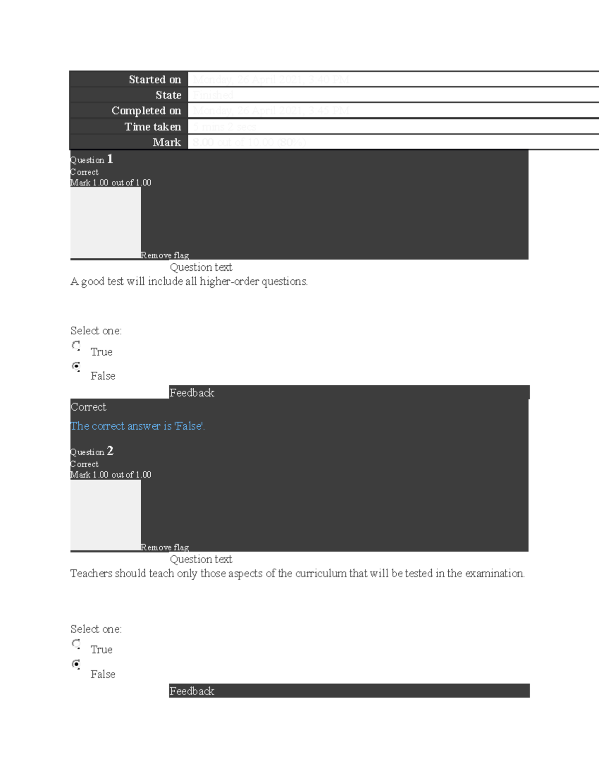ED354 Test - Assessing students learning - Started on Monday, 26 April ...