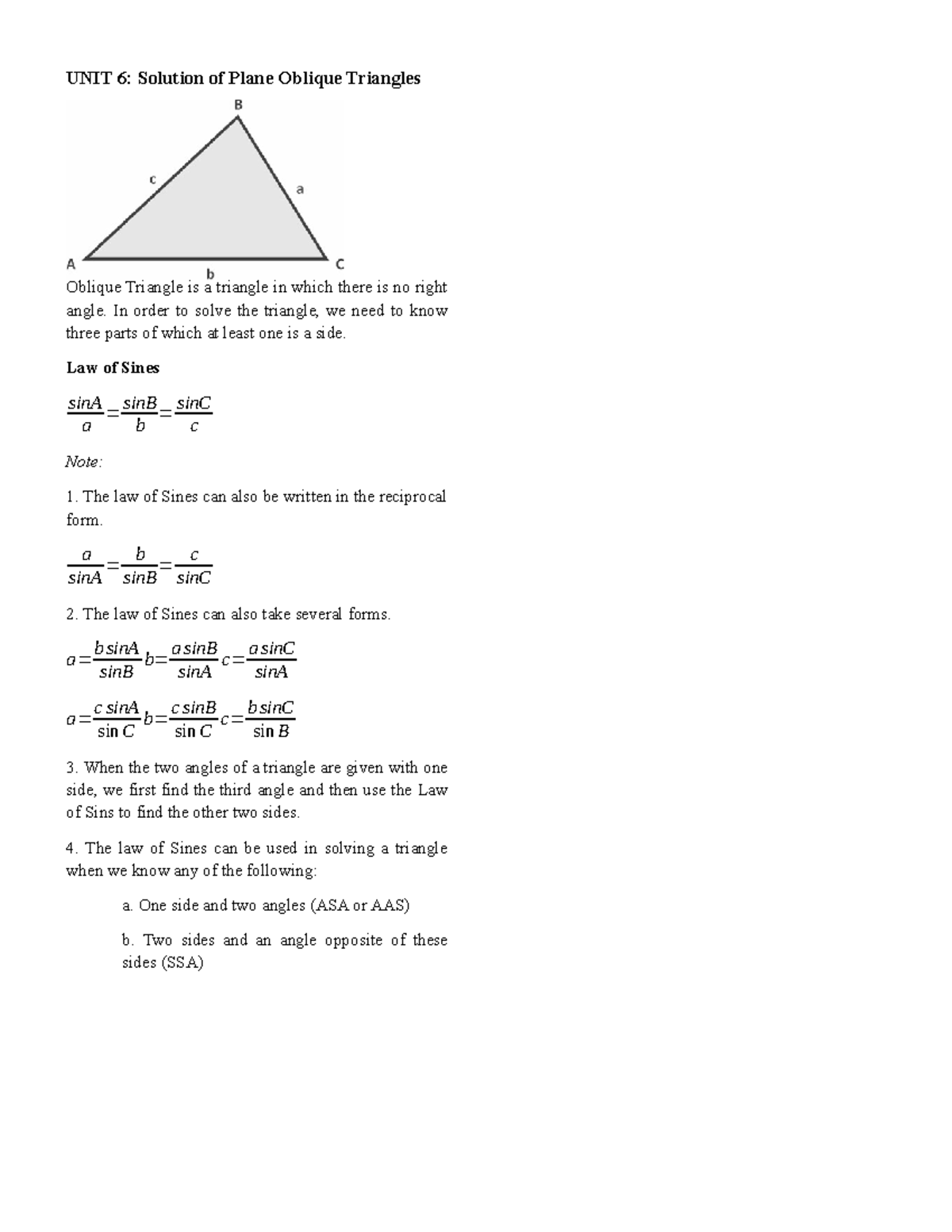 Math 113: UNIT 6 - Formulas for Solving Oblique Triangles - Studocu