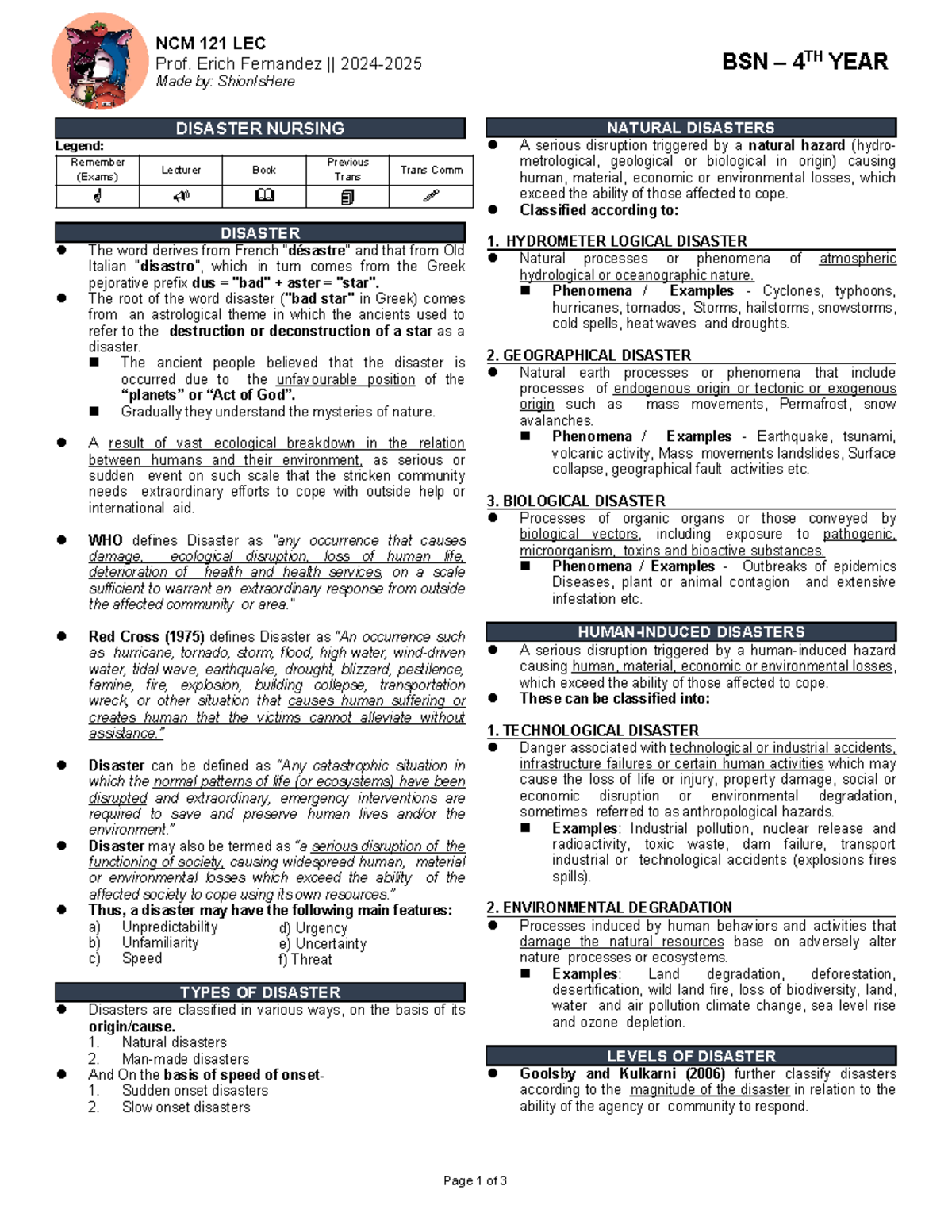 NCM 121 LEC - Disaster Nursing Overview and Key Elements - Studocu
