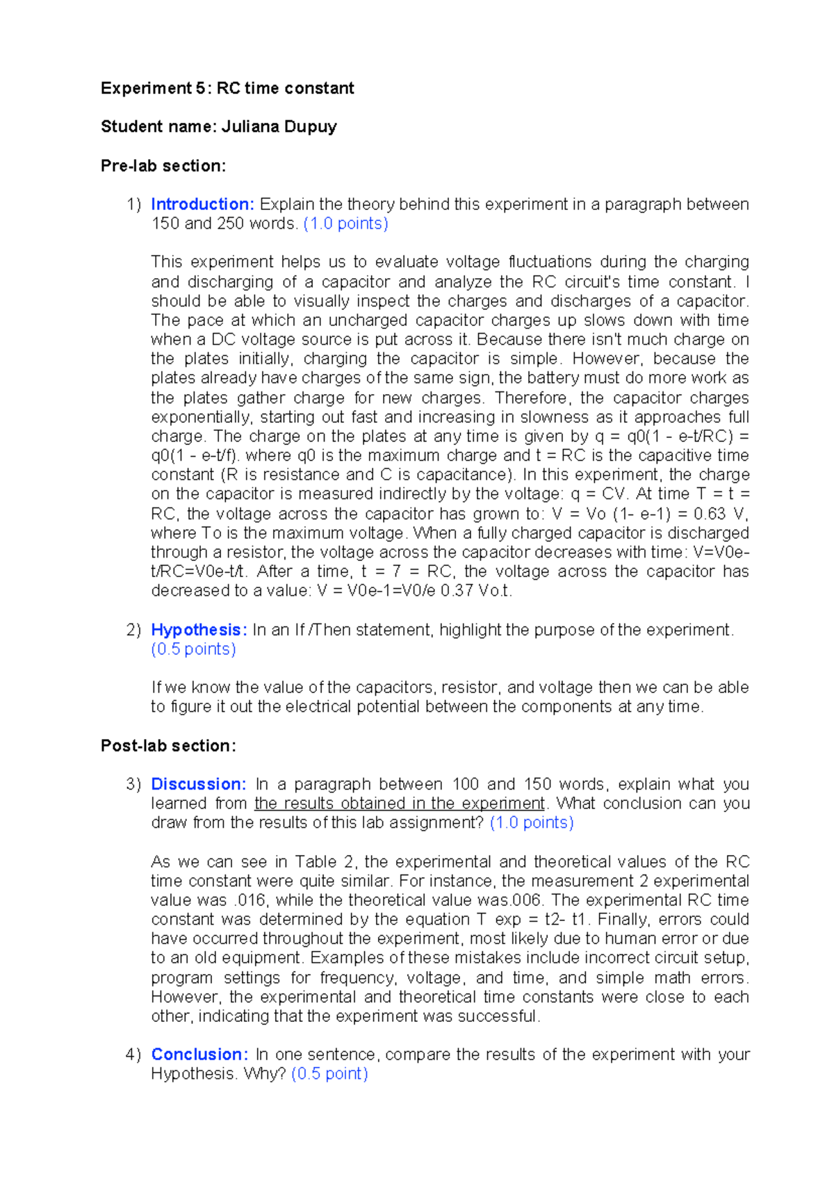Experiment 5: RC Time Constant Analysis Report for PHYS 101 - Studocu
