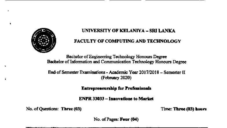 ENPR 33033 - Innovations to Market: End of Semester Exam 2020 - Studocu