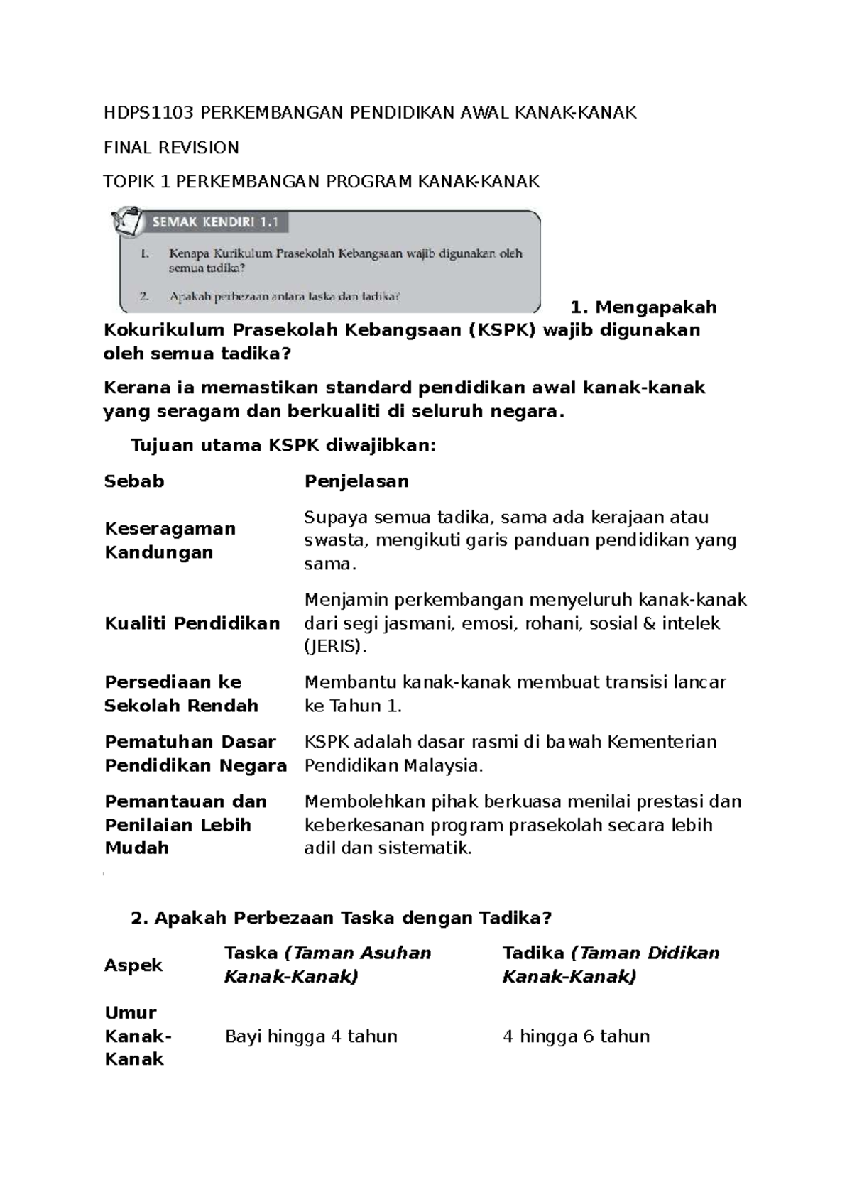 HDPS1103 - Final revision notes on early childhood education topics 1-9 ...