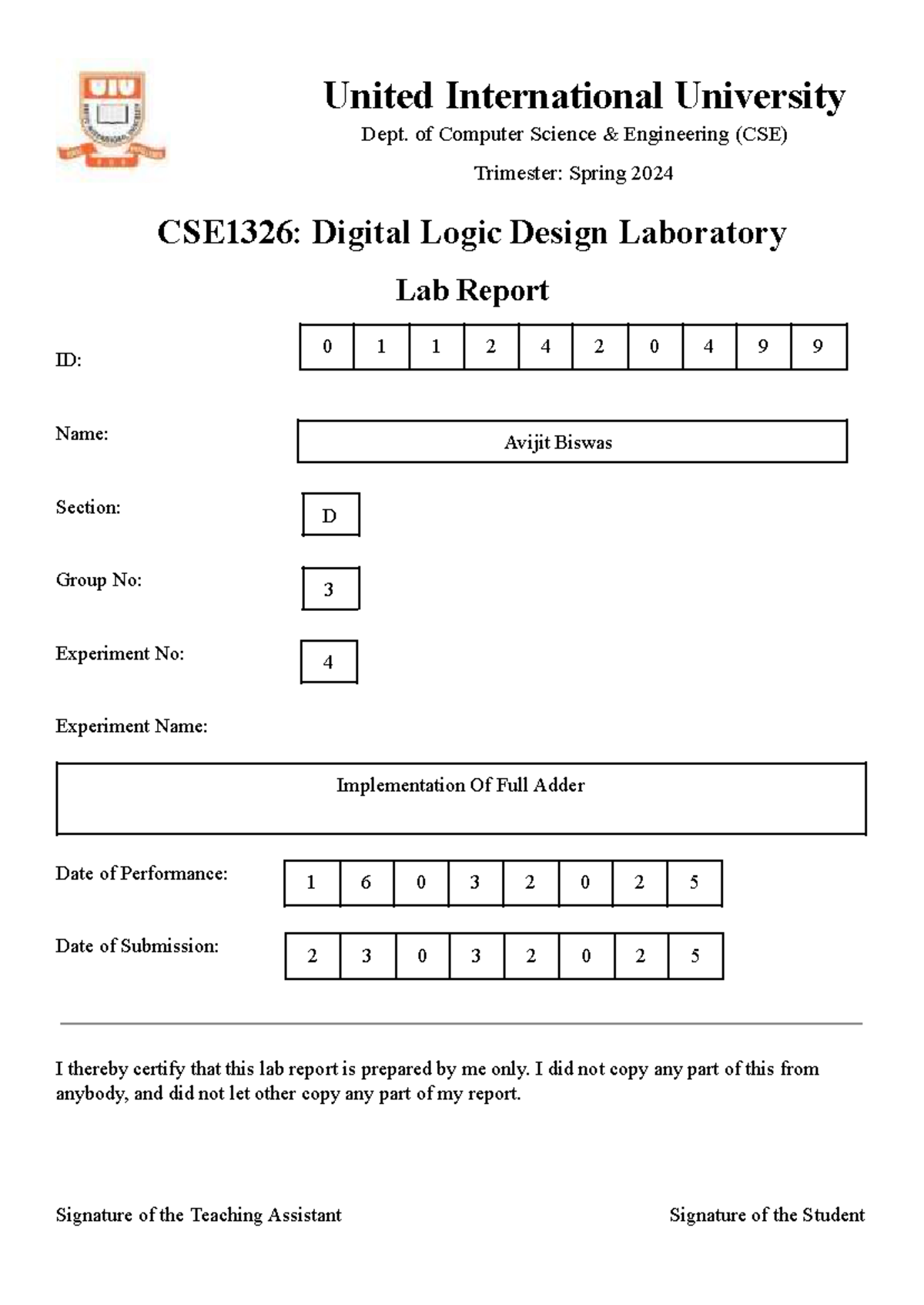 CSE1326: Digital Logic Design Lab Report 3 - Full Adder Implementation ...
