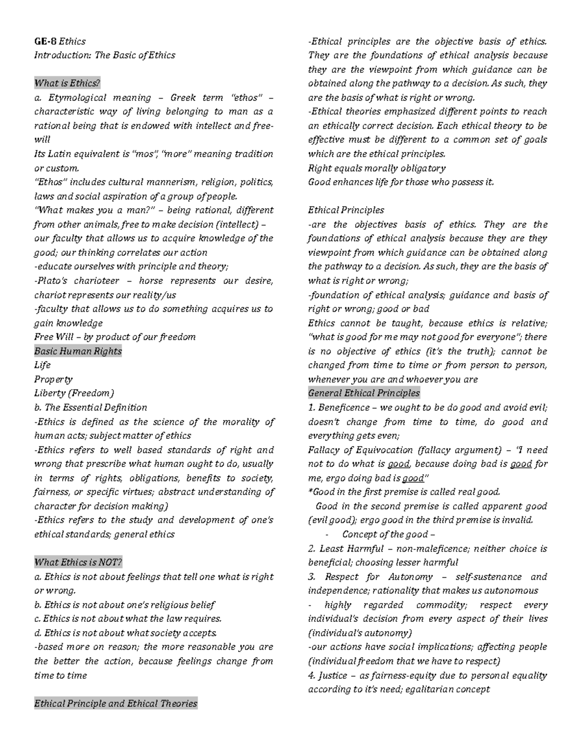 GE8 - Comprehensive Notes on Ethics and Ethical Principles - Studocu