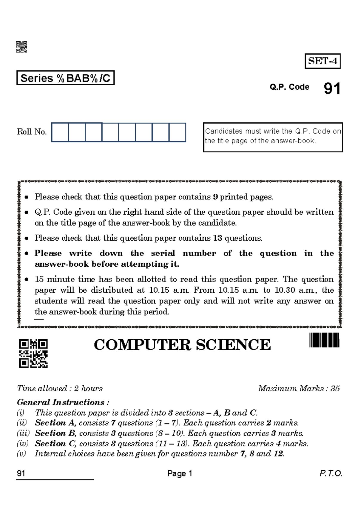 Computer Science Q.P. Code 91 - Question Paper with Instructions - Studocu