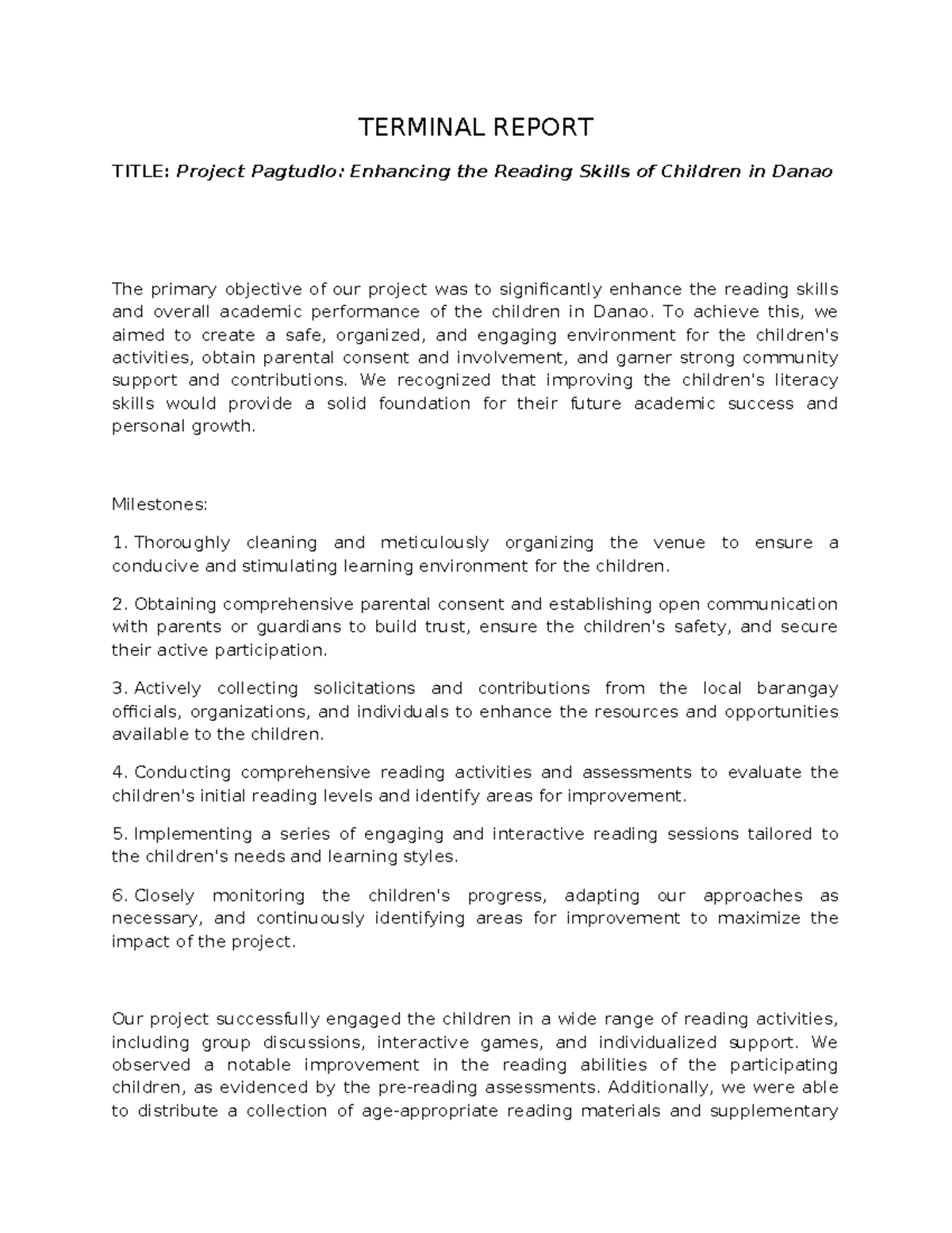 NSTP Terminal Report: Project Pagtudlo on Child Literacy Enhancement ...