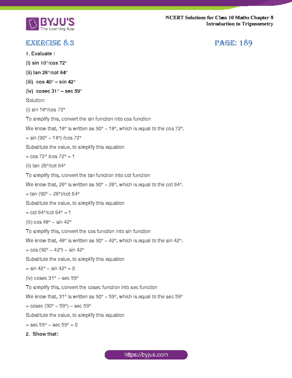 NCERT Solutions for Class 10 Maths Chapter 8 Trigonometry Exercise 8.3 ...