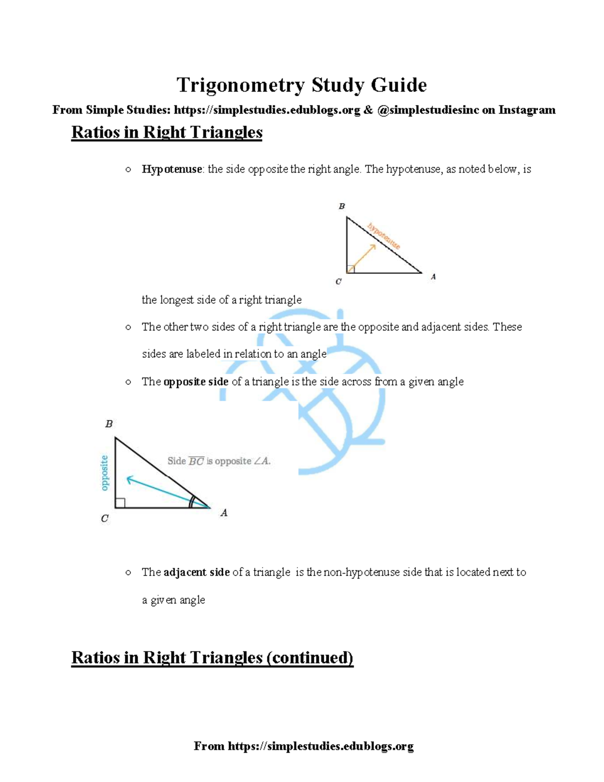 Trigonometry Study Guide: Ratios & Functions in Right Triangles (SS ...