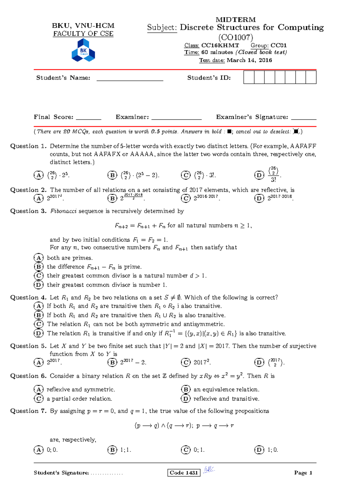 Midterm Exam Key for Discrete Structures (CO1007) - CC16KHMT - Studocu
