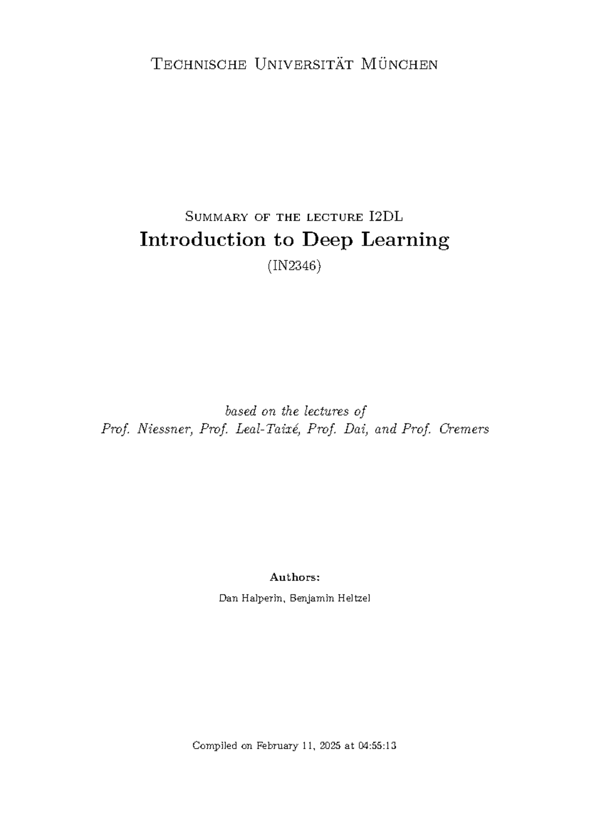 Summary of Lecture I2DL: Introduction to Deep Learning (IN2346) - Studocu