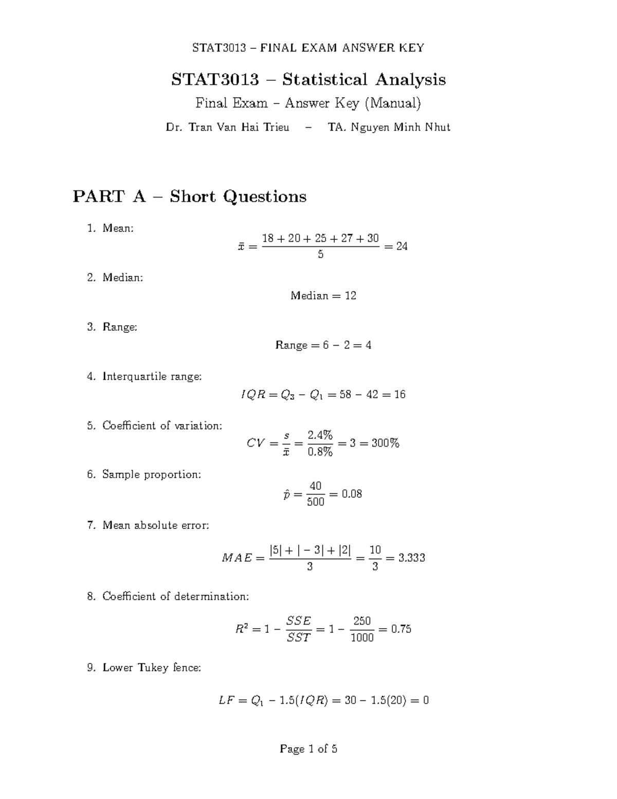STAT3013 FINAL EXAM ANSWER KEY - Statistical Analysis Solutions - Studocu