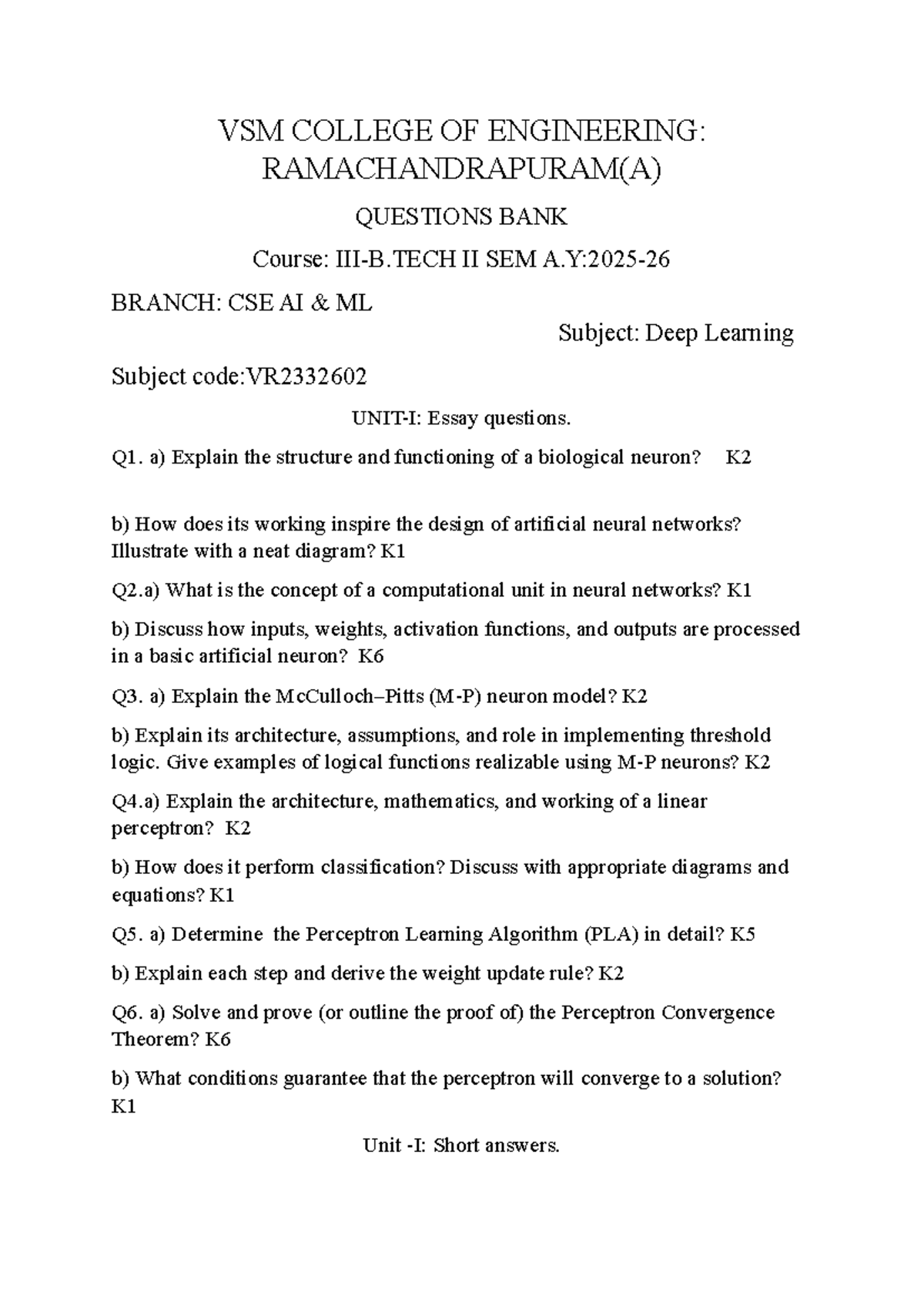 Deep Learning Questions Bank for CSE AI ML (VR2332602) - Studocu
