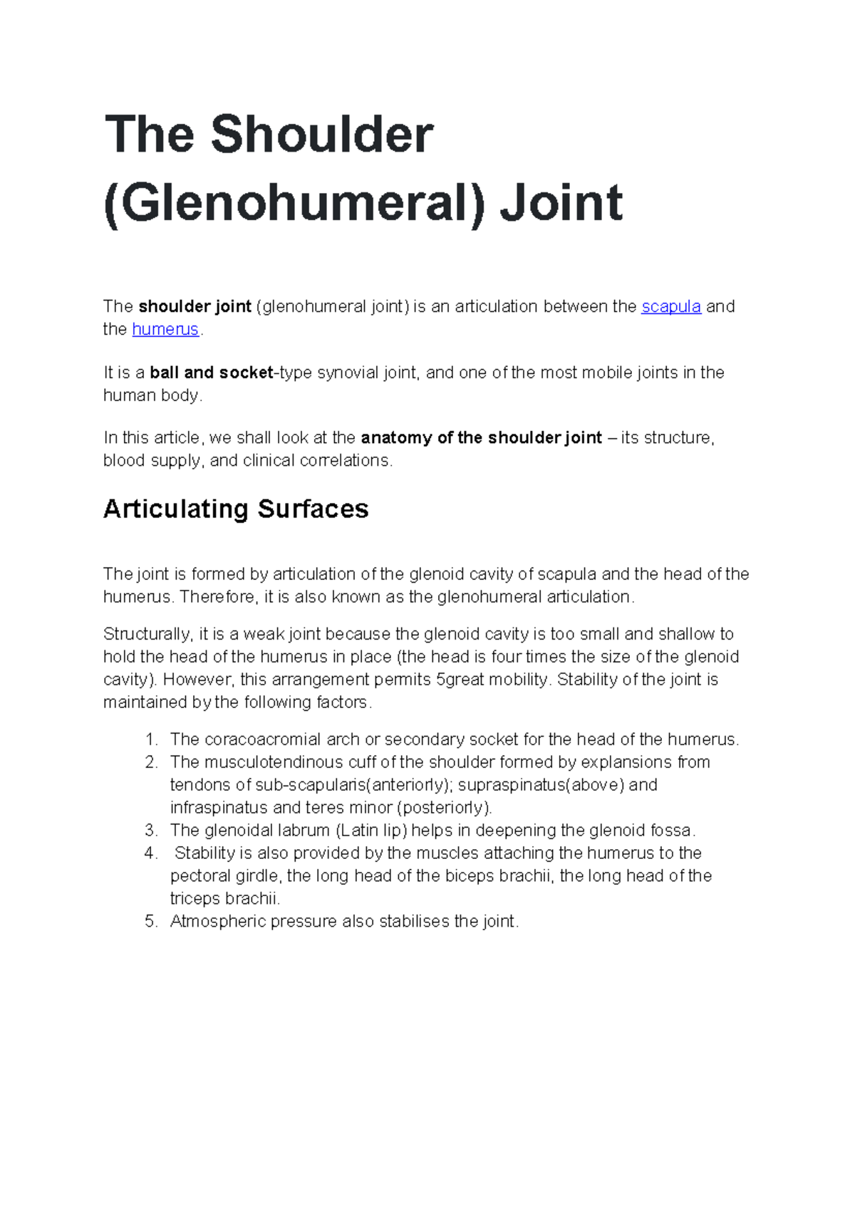 Anatomy and Clinical Aspects of the Shoulder Joint (Glenohumeral) - Studocu