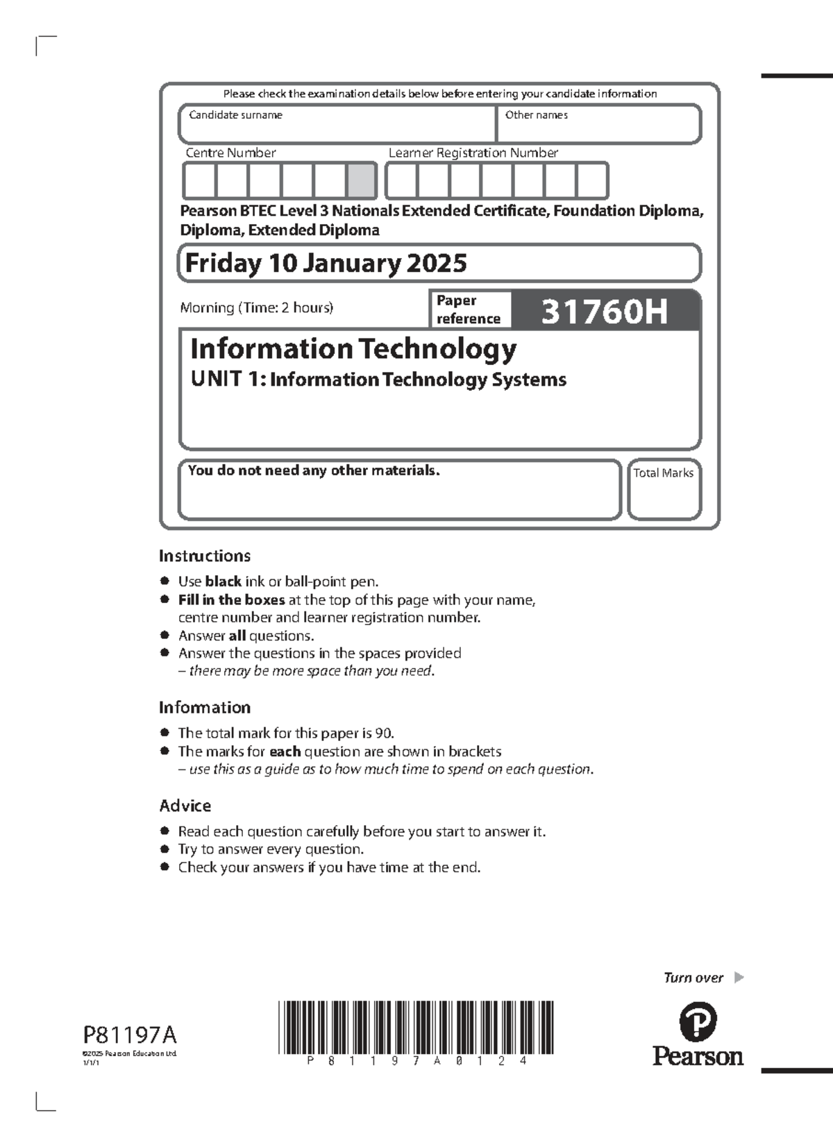 BTEC Level 3 IT Unit 1: Information Technology Systems Exam Paper - Jan ...