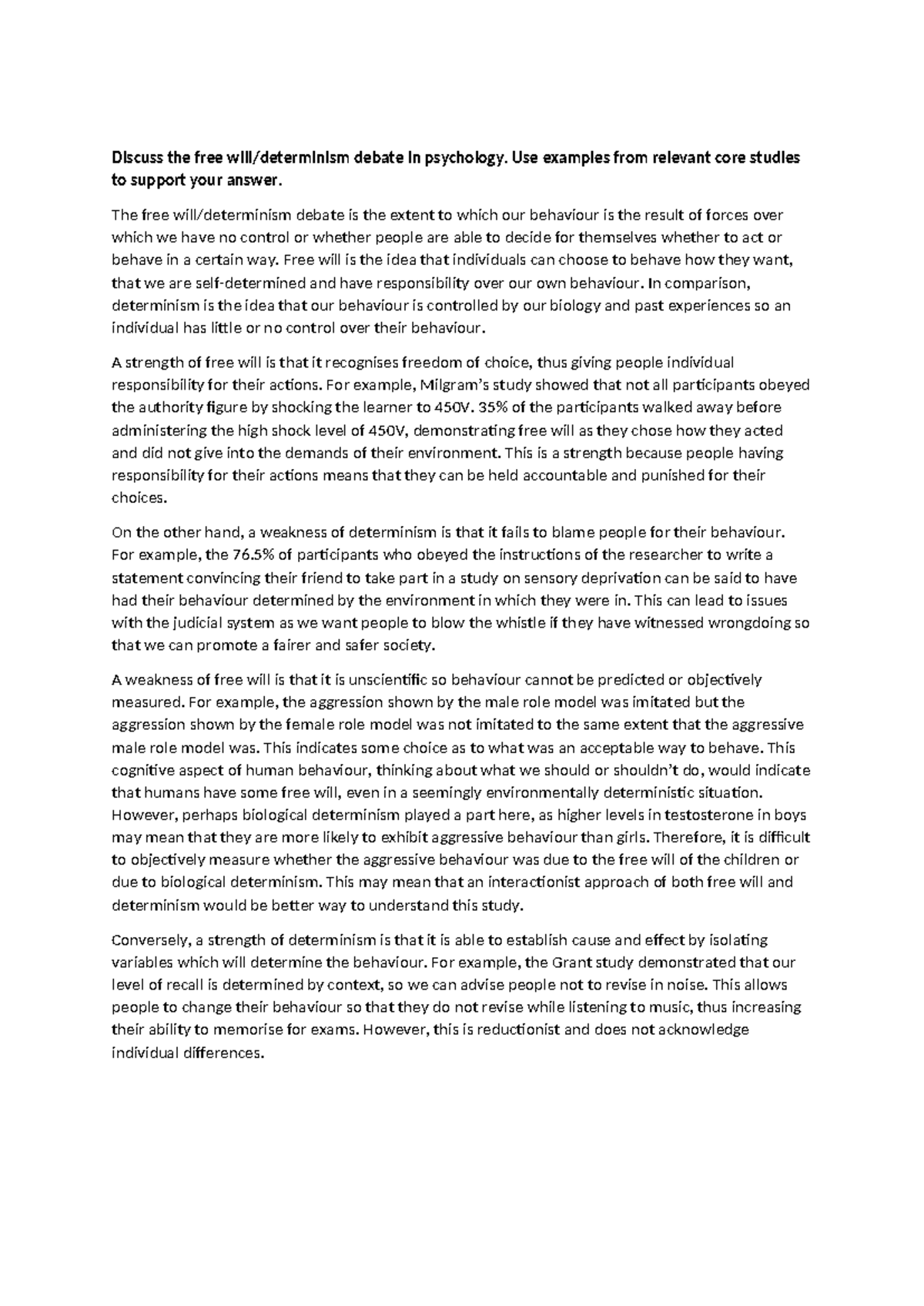 PSY101 Freewill vs Determinism: An Explorative Essay - Studocu