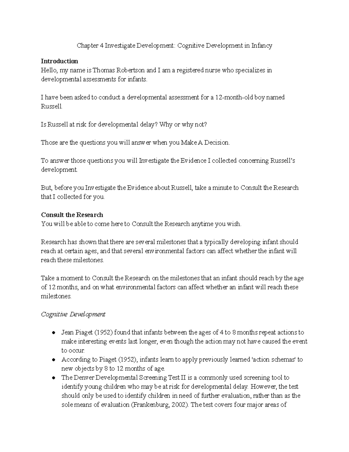 Chapter 4: Cognitive Development in Infancy Assessment (NUR 301) - Studocu