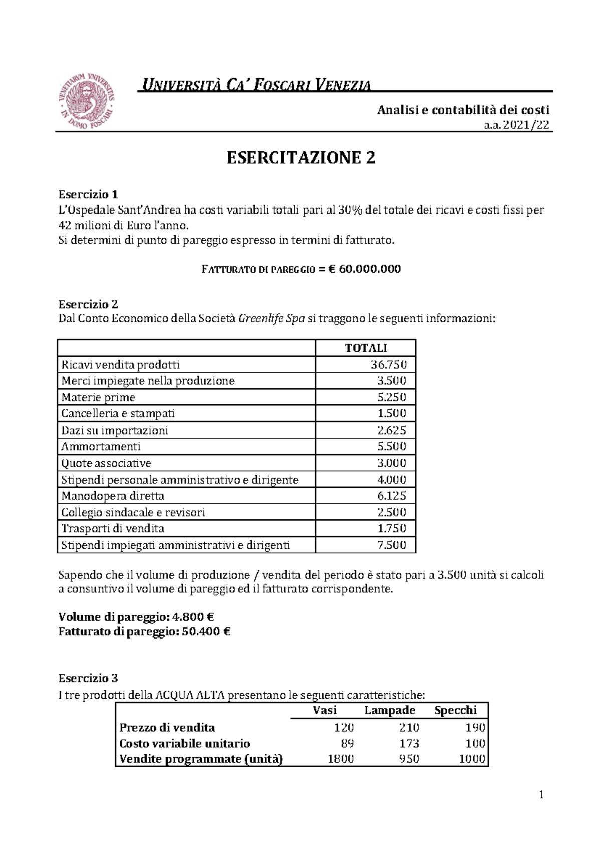 Esercitazione 2: Analisi e Contabilità dei Costi - Soluzioni ...