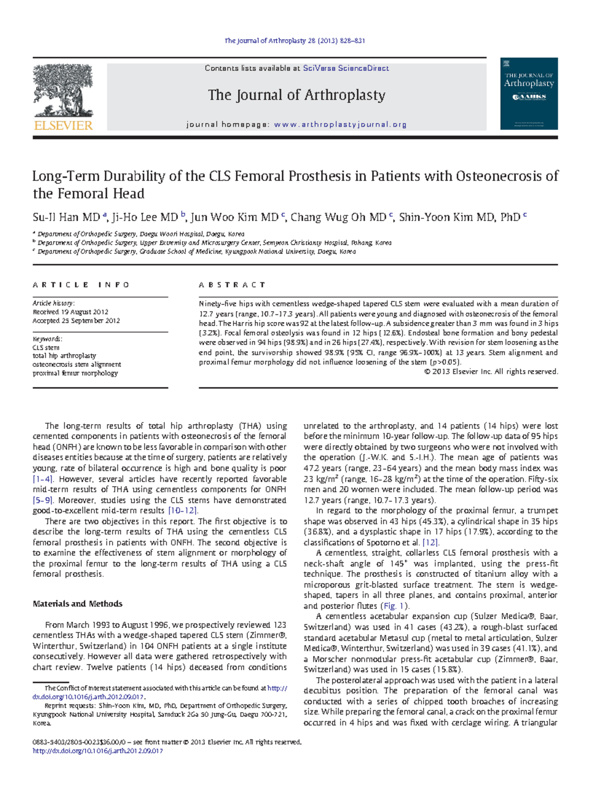 Long-Term Results of CLS Femoral Prosthesis in ONFH Patients: A Study ...