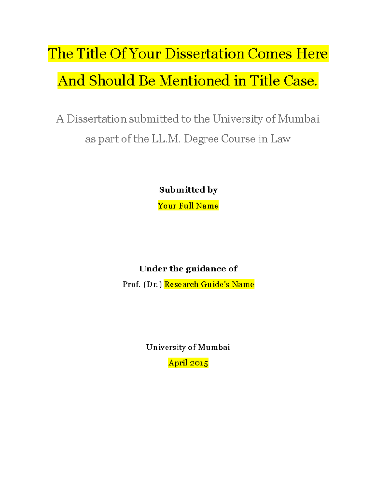 LL.M. Dissertation Project Format: Preliminary Pages & Guidelines - Studocu