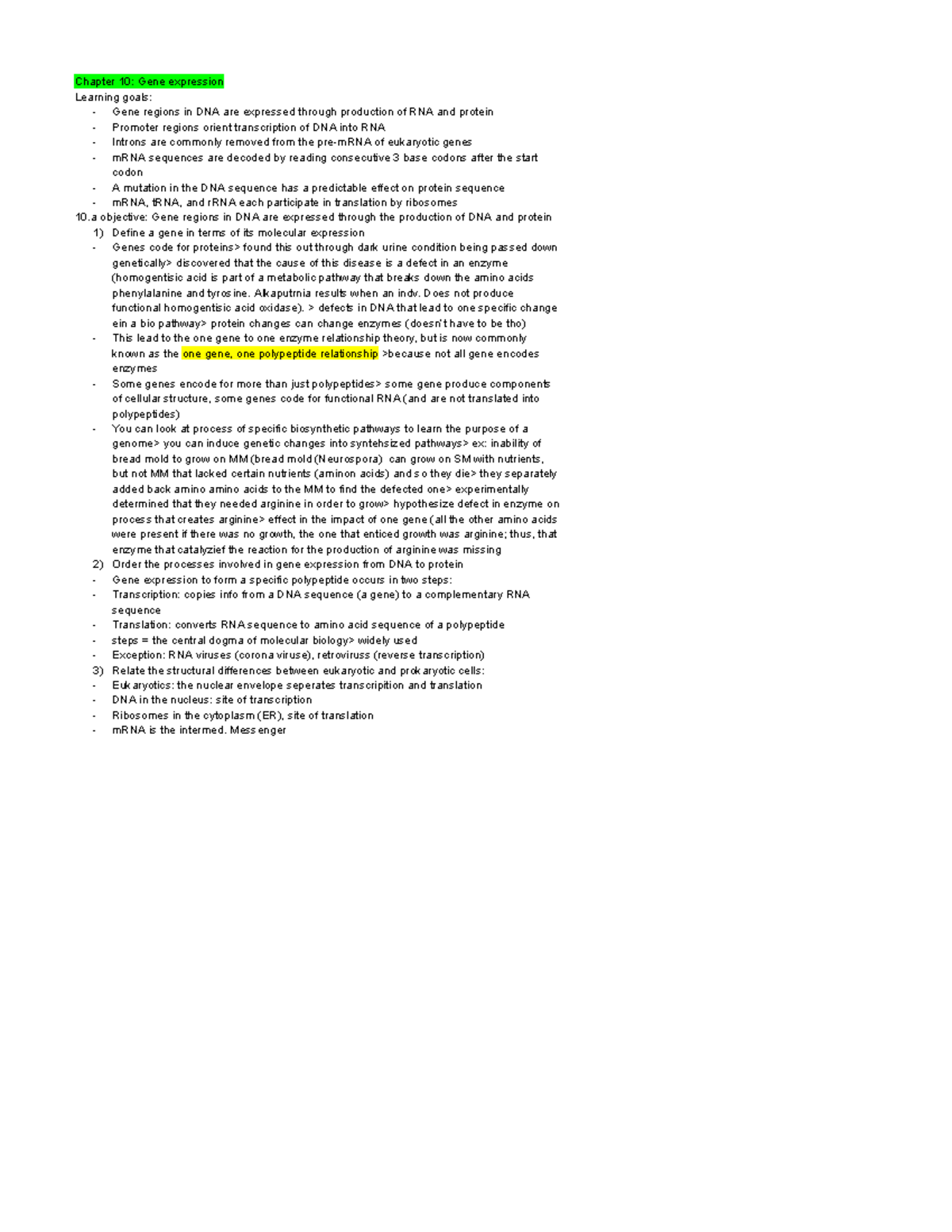 Gene Expression Overview: Chapter 10 Biology Notes (Bio101) - Studocu