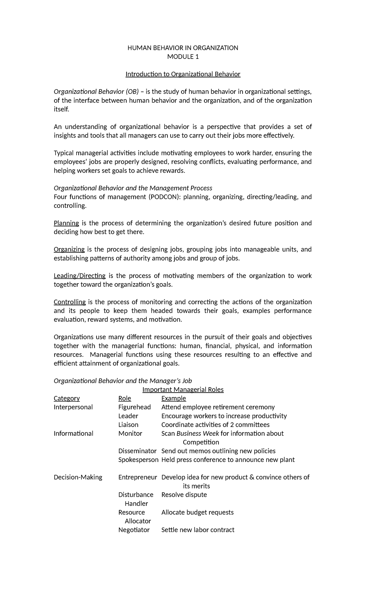HUMAN BEHAVIOR IN ORGANIZATIONS: MODULE 1 OVERVIEW - Studocu