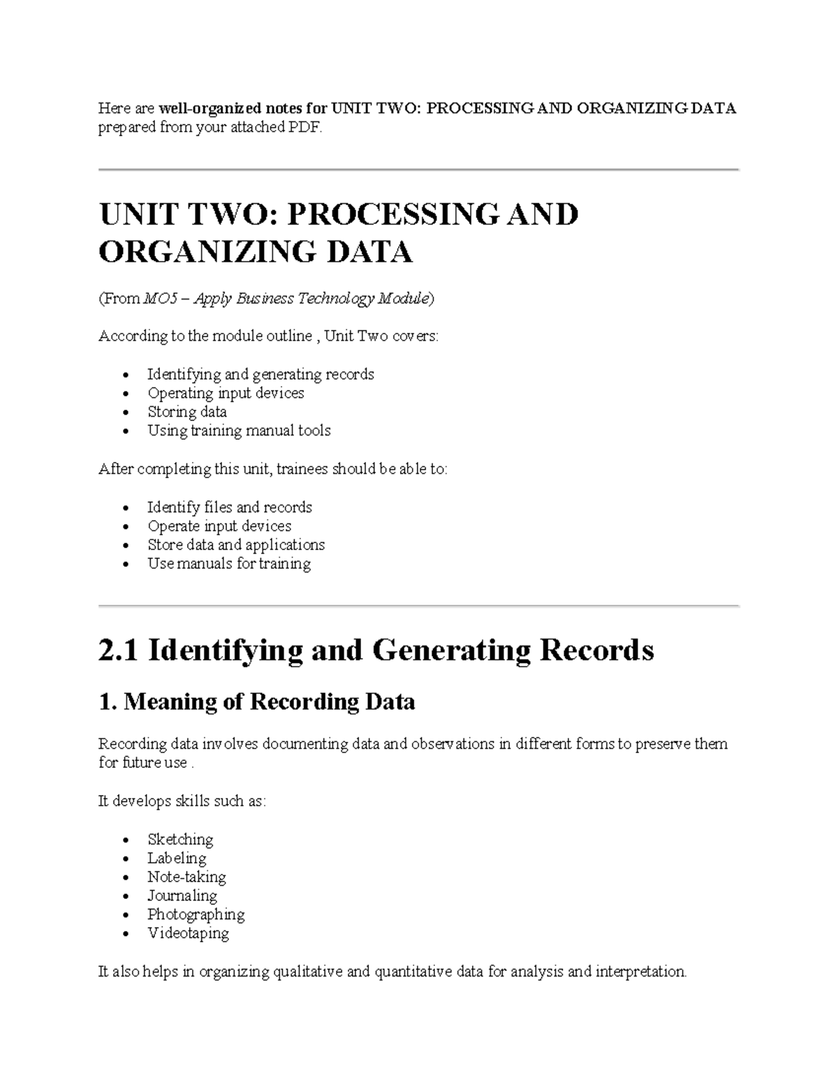 ABT MO5 Unit 2 Notes: Processing & Organizing Data - Studocu
