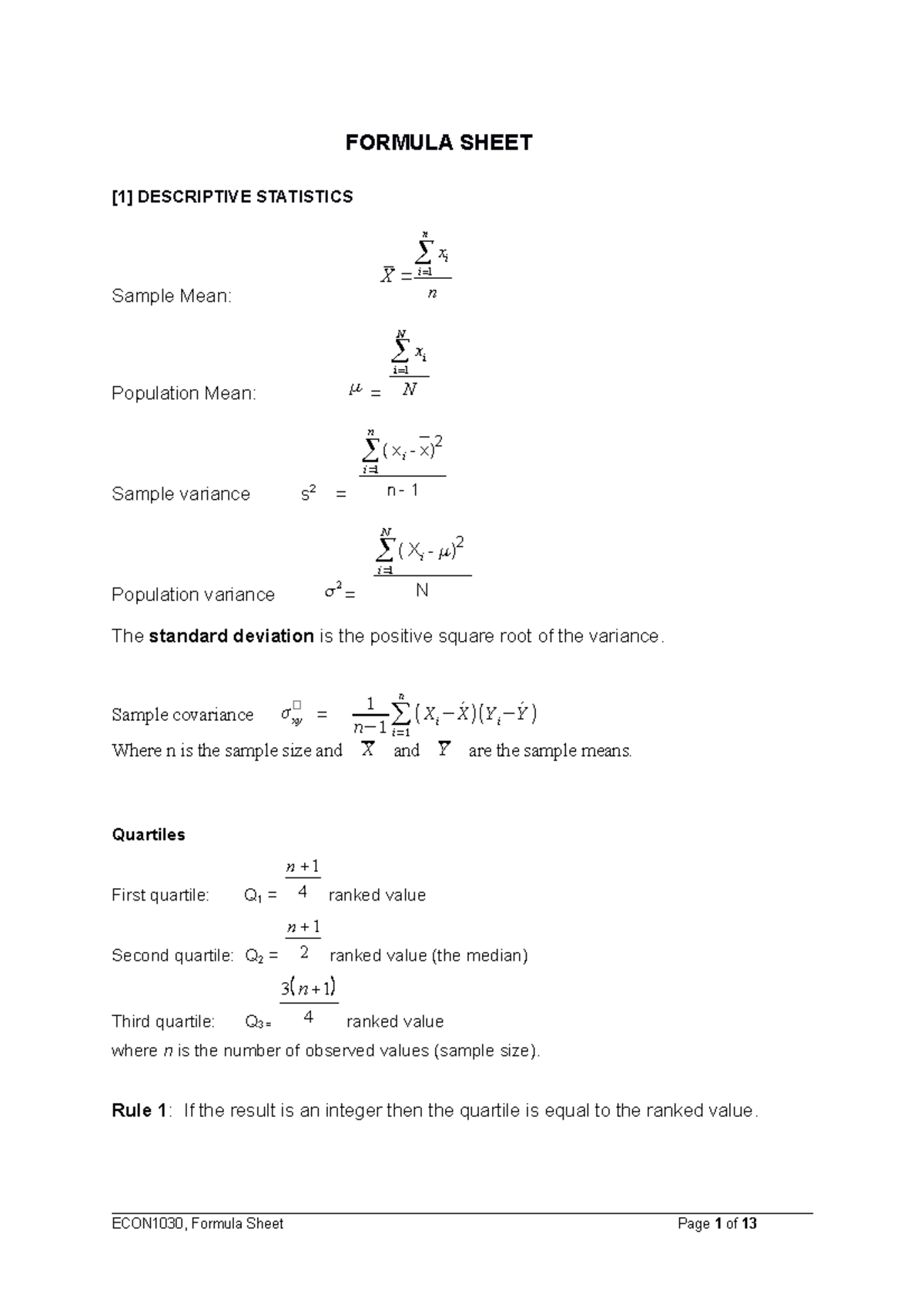 Formula Sheet-2 - FORMULA SHEET DESCRIPTIVE STATISTICS n i X i n Sample ...