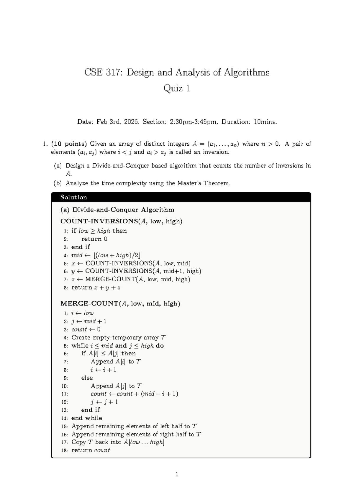 CSE 317: DAA Quiz 1 Solutions - Inversion Counting Algorithm - Studocu