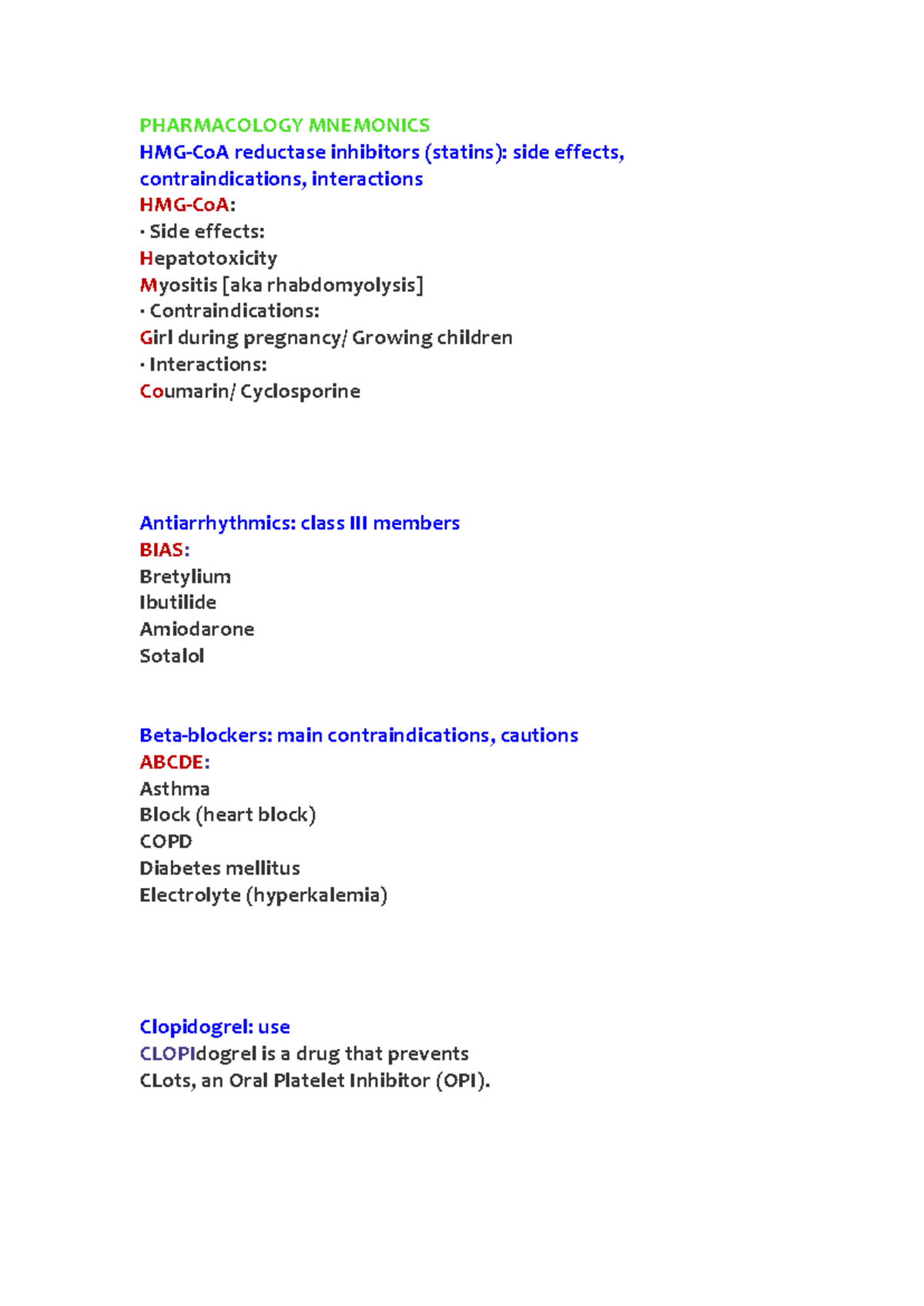 Pharmacology Mnemonics Study Guide (PHARM 101) - Studocu