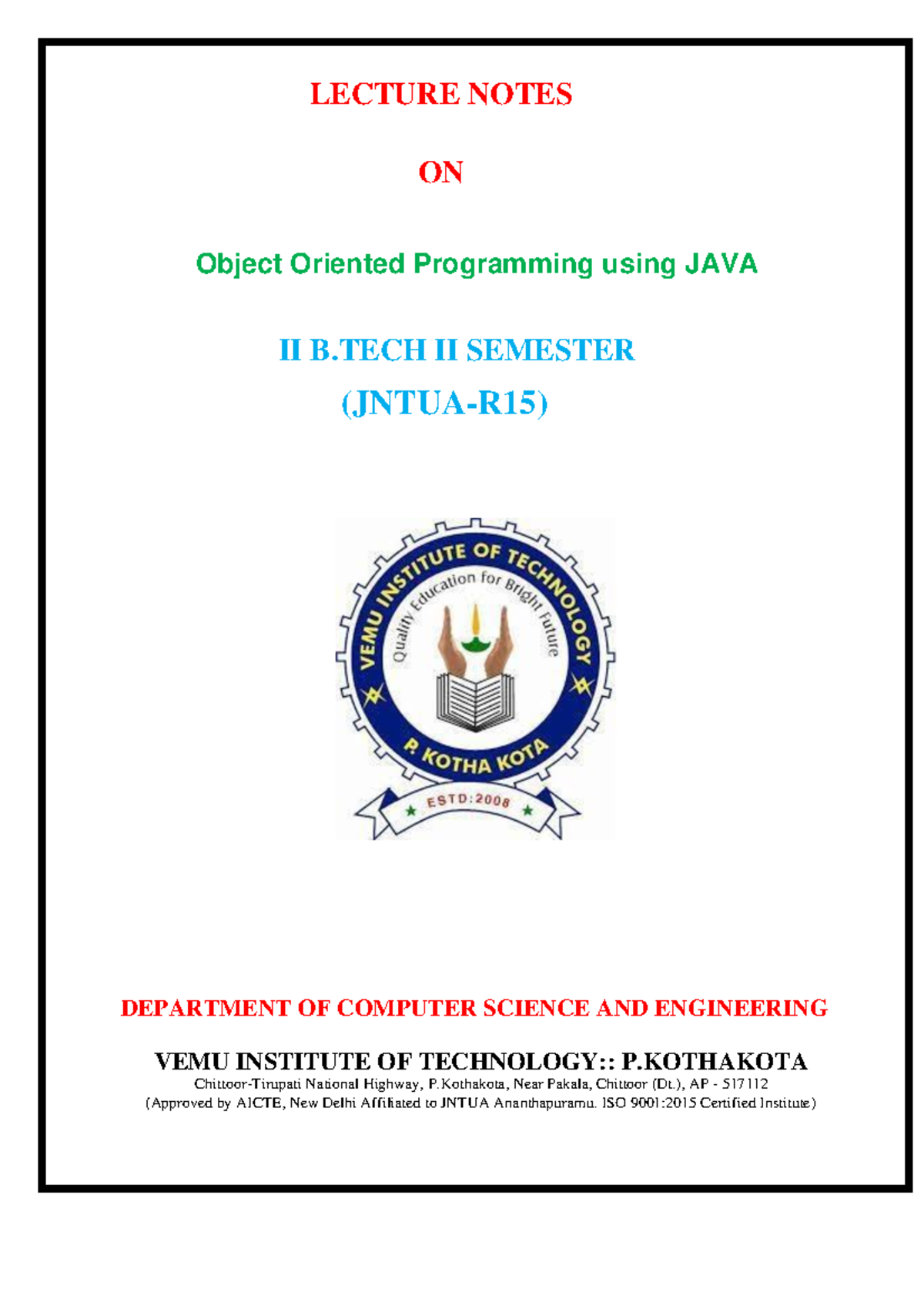 LECTURE NOTES ON OOP USING JAVA II B.TECH II SEMESTER CSE - Studocu