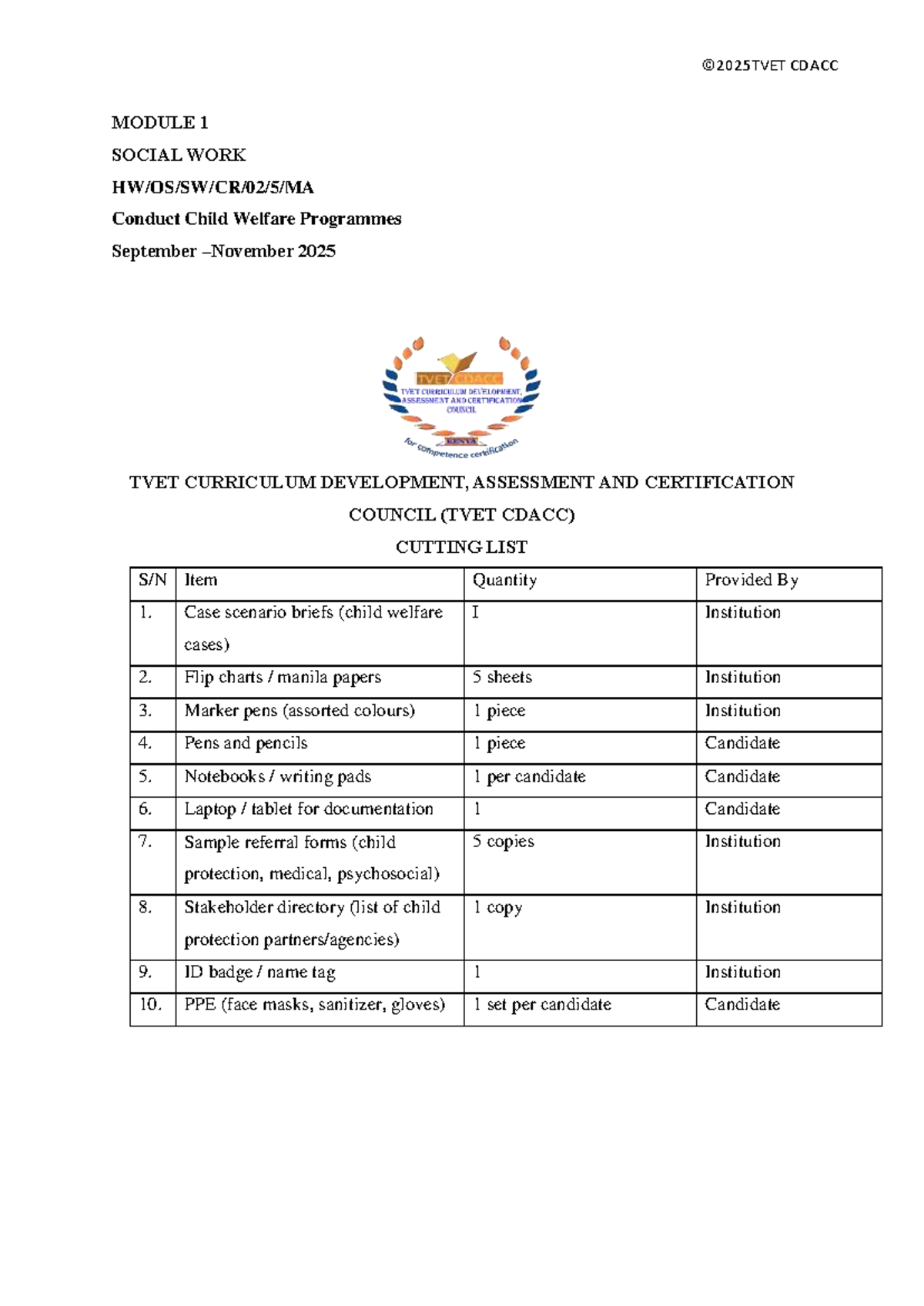 CDACC MODULE 1: Cutting List for Child Welfare Programmes - Studocu